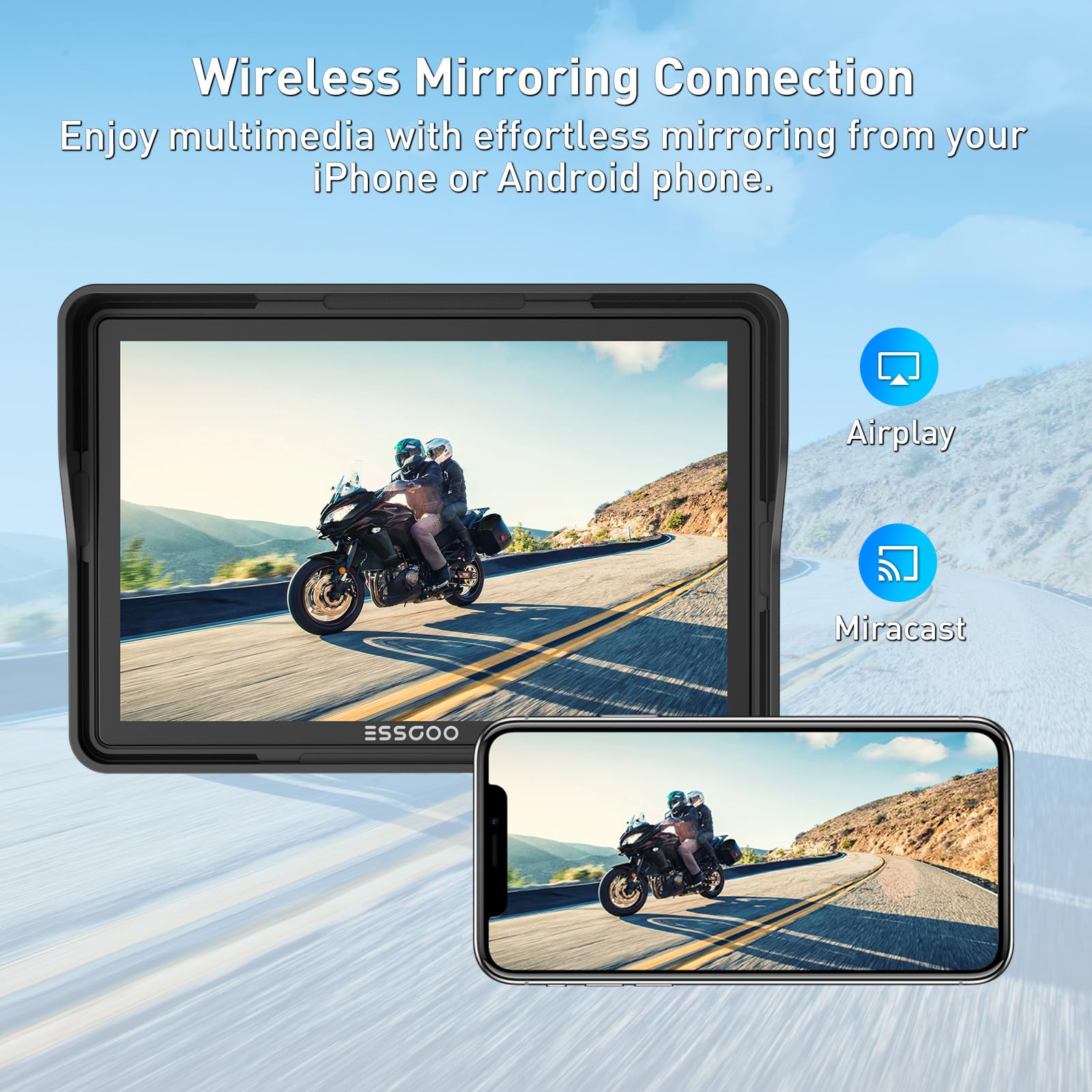 ESSGOO CarPlay moto wireless 5 pollici schermo touch impermeabile GPS Bluetooth Android Auto