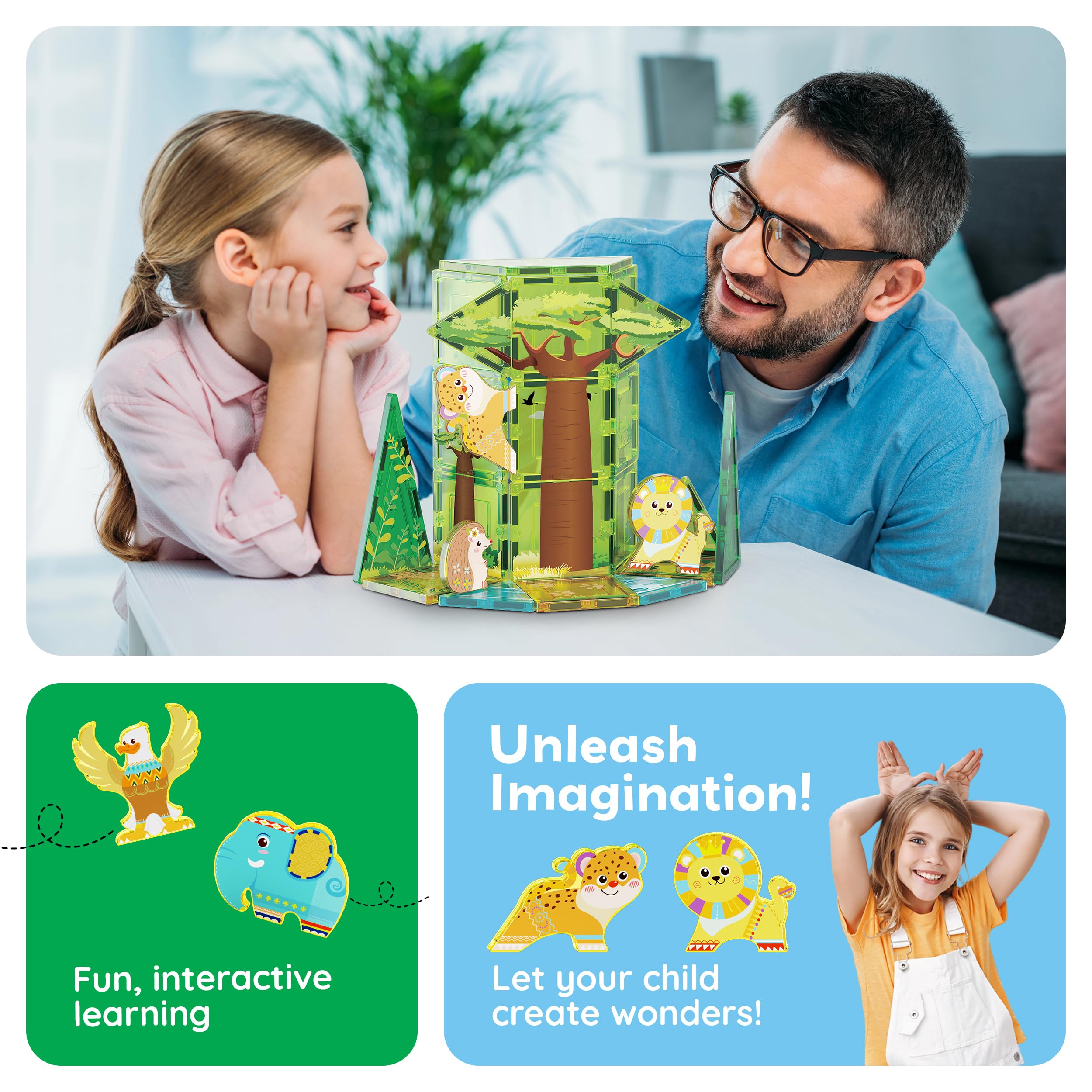 PicassoTiles Magnetyczny blok budowlany z motywem safari, zestaw 8 kompatybilnych magnetycznych figurek akcji zwierzęcych, klocki dla maluchów, kreatywne zabawki STEAM Educational Learning Skills Ages