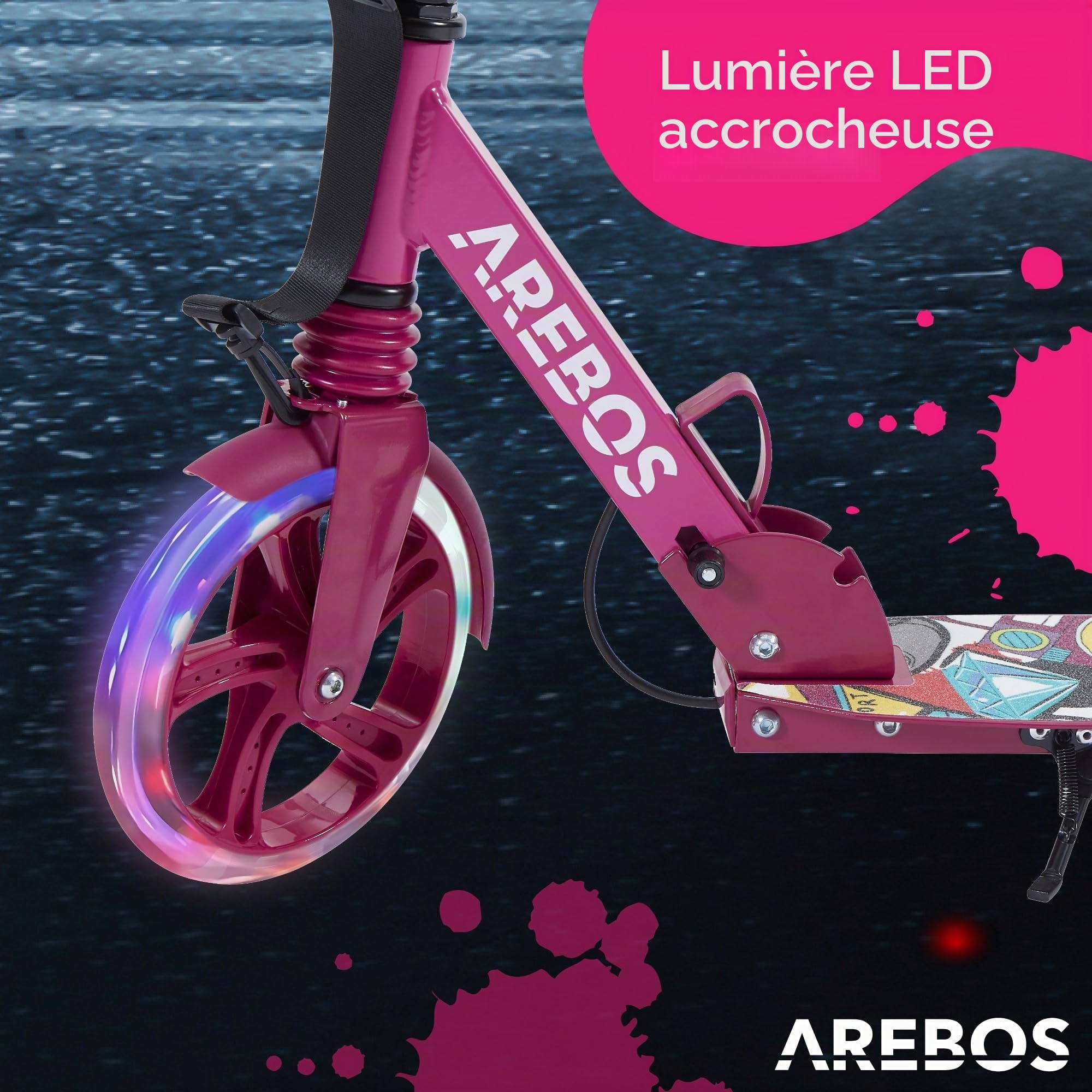 Arebos Trottinette de ville avec LED - Réglable en hauteur - Pliable - Avec Sangle de transport, frein à main et marchepied, pour enfants et adultes, charge maximale : 100 kg, trottinette