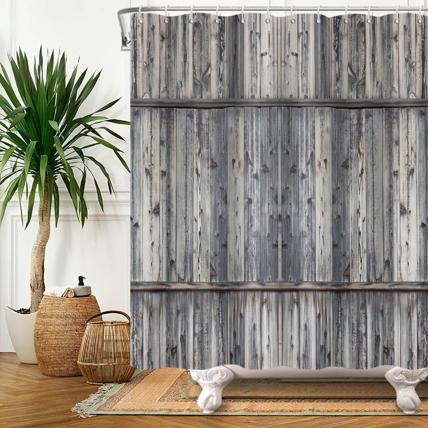 SDOTPMT 105x160cm Old Wood Floor Shower Curtain Rustic Pale Grey Hardwood Vintage Board Plank Bath Curtain Rural Farmhouse Countryside Bathtub Curtain for Bathroom Fabric Polyester with Hooks