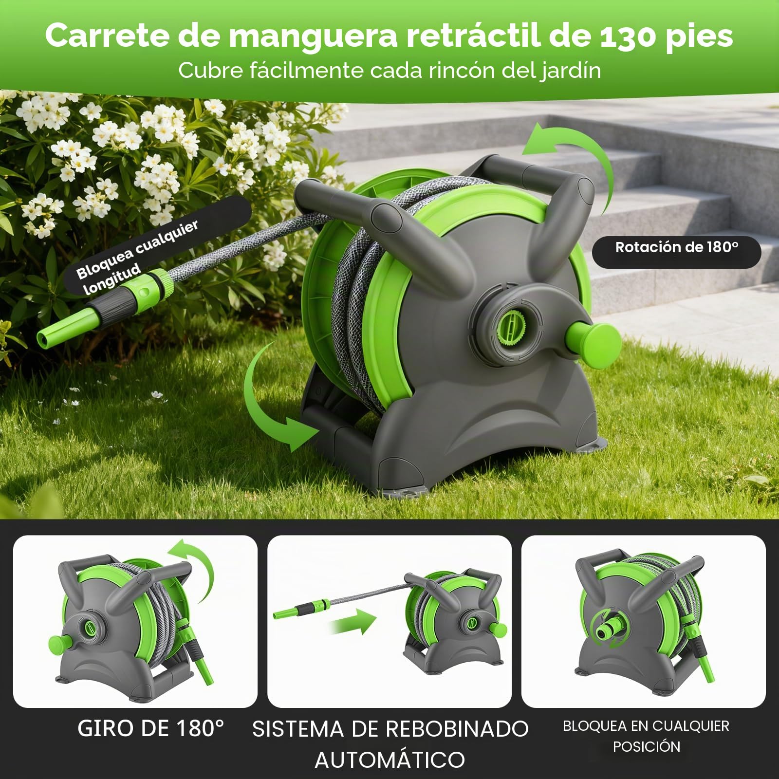 Carrete de Manguera Retráctil Giratorio de 180°, 20M Enrollador de Mangueras Carrete Automático de Manguera Montado en Pared Manguera Enrollable Automática para Regar Césped Jardín, Lavar Auto