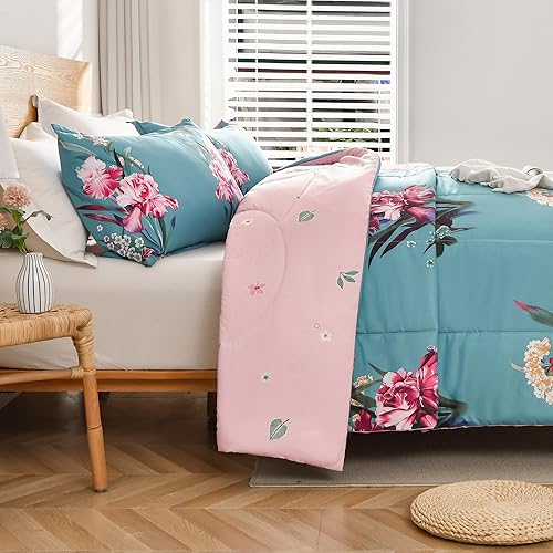Miniatura 6 de Shatex Edredón floral tamaño individual (90 x 68 pulgadas), ropa de cama de 2 piezas para todas las estaciones, edredón botánico verde azulado