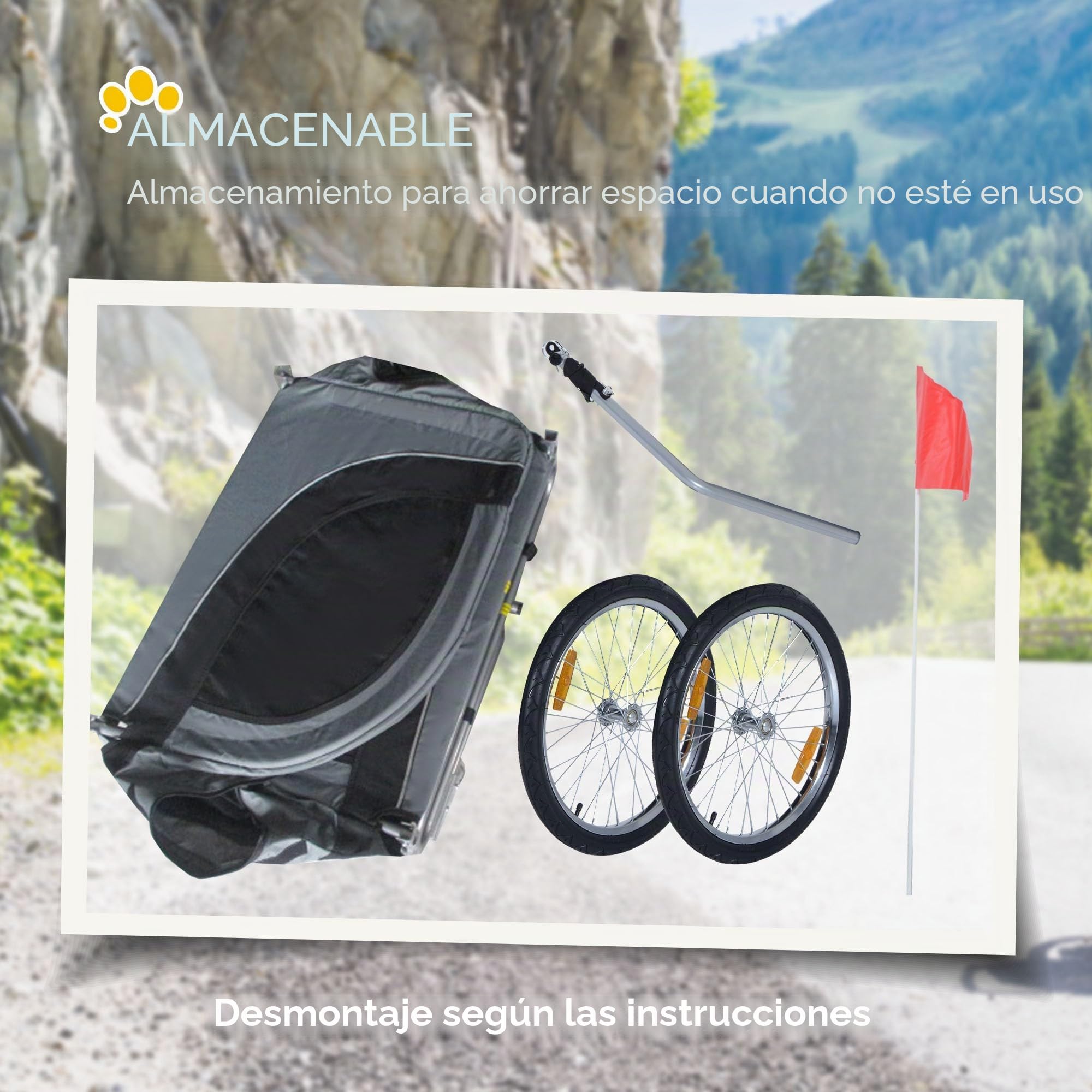 PawHut Remolque Mediano para Bicicleta de Perro con Ventanas Laterales y Bandera, Remolque para Bicicleta de Acero y Tela Oxford, 130x73x90 cm, Gris y Negro