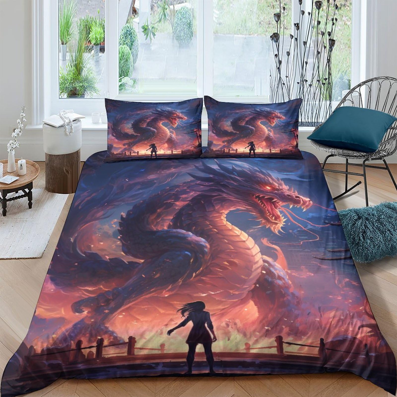 Parure de lit enfant dragon 3D housse de couette double 200x200 et taie d'oreiller