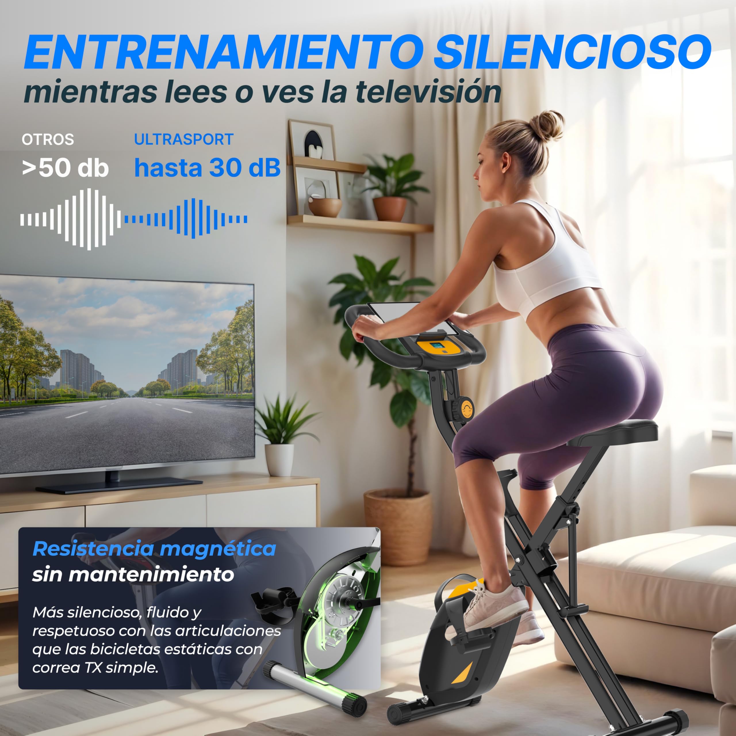 Ultrasport F-Bike Pro Bicicleta Estática Plegable hasta 150 KG, con 16 Niveles, Sillín Cómodo, Función con App, Extra Silenciosa I Bici Estática Plegable Indoor, Bicicletas Estáticas