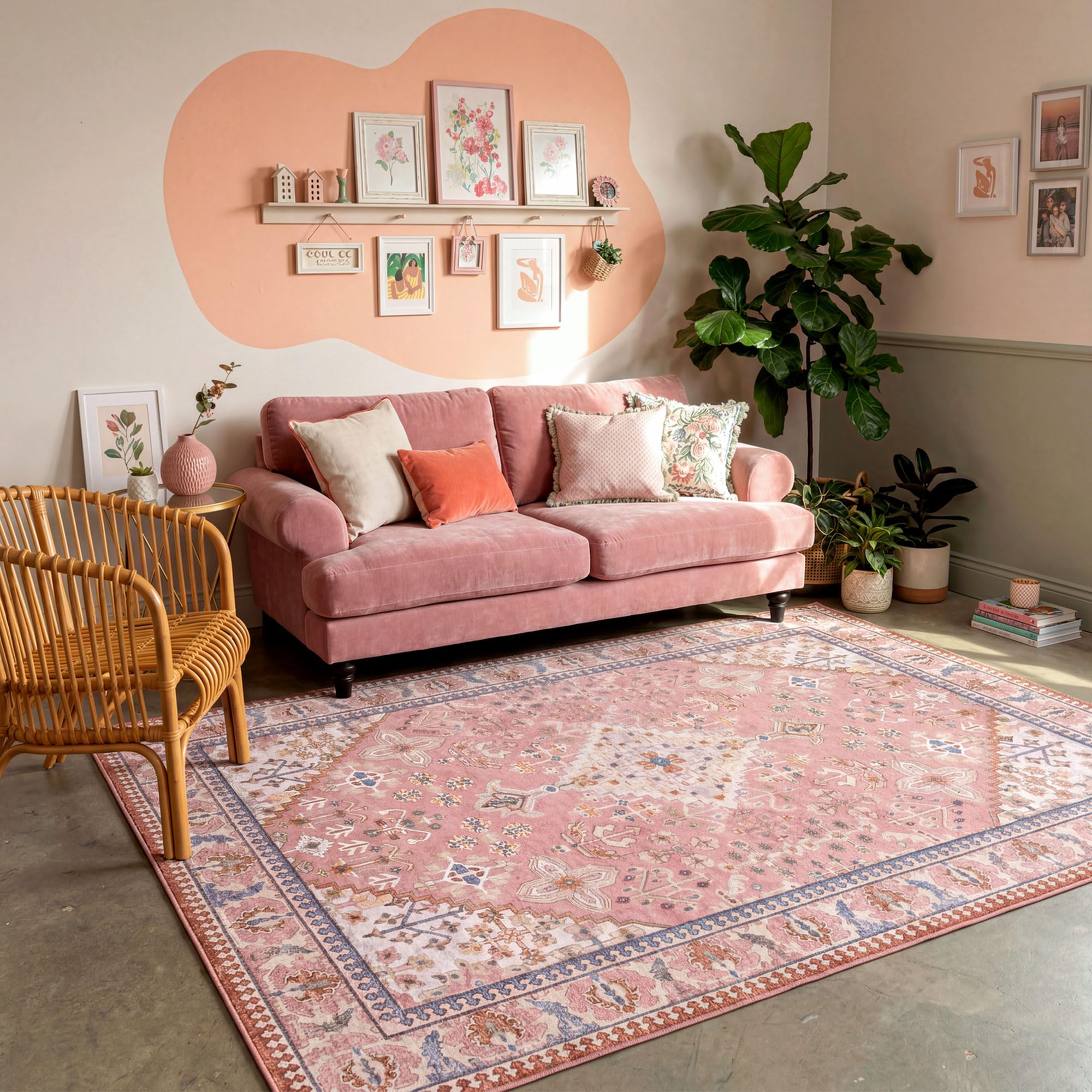 6x9 Boho Machine Washable Low Pile Area Rugs for Living Room Peach Pink