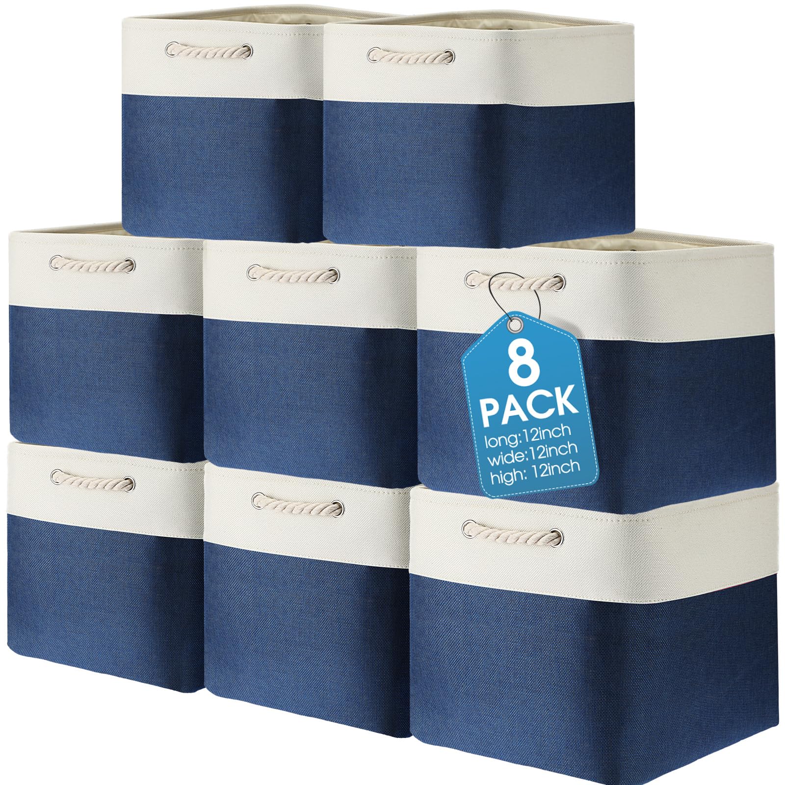 meekoo 8 pack collapsible storage bins fabric storage bins polyester fabric storage baskets with handles linen closet organizer for shelf home closet towels toys (blue white,12 x 12 x 12 in)