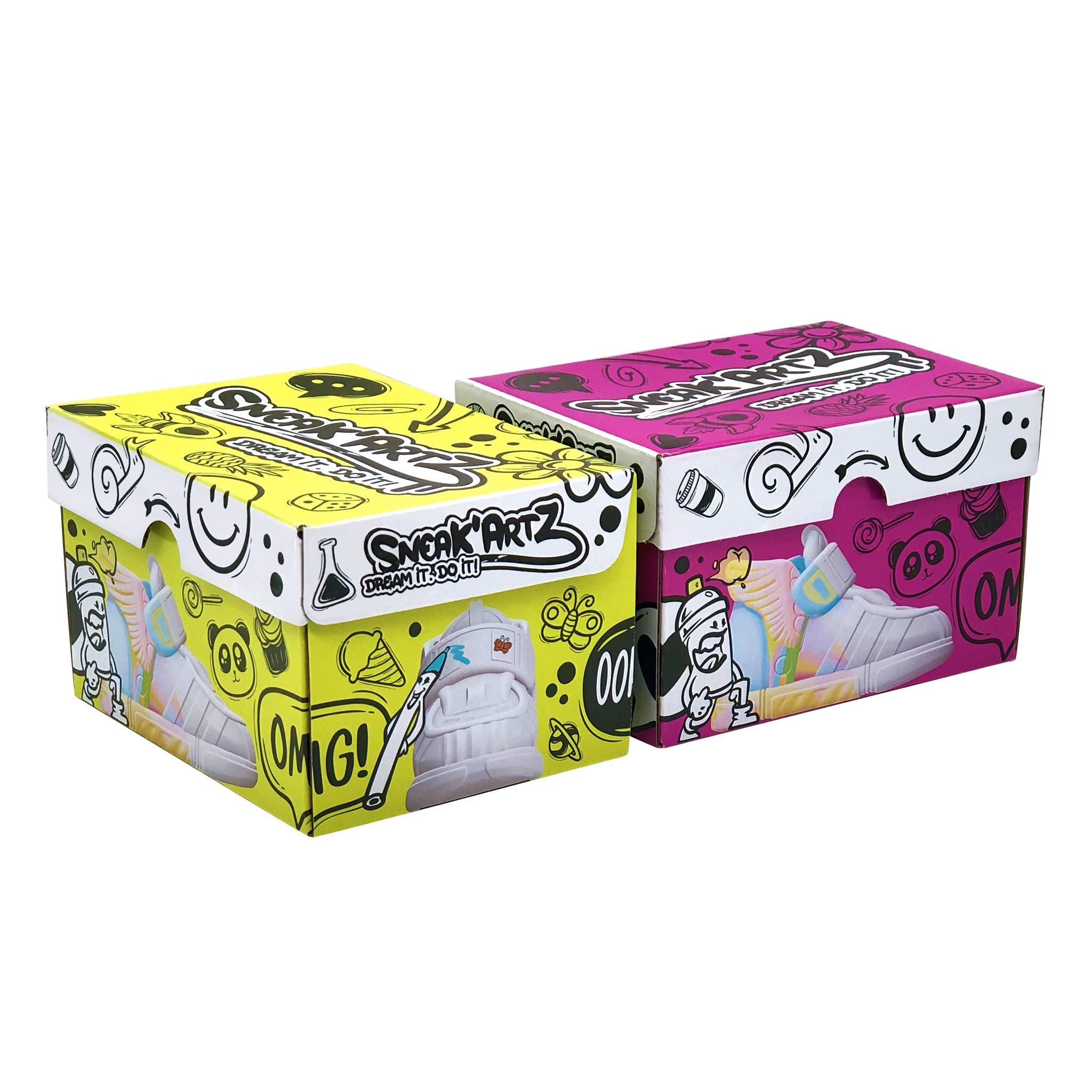 Splash Toys Sneak'ARTZ Starter Set – Personalisiere 2 Weiße Sneaker (10 Cm) Mit Stiften, Charms & Schablonen, Ab 5 Jahren
