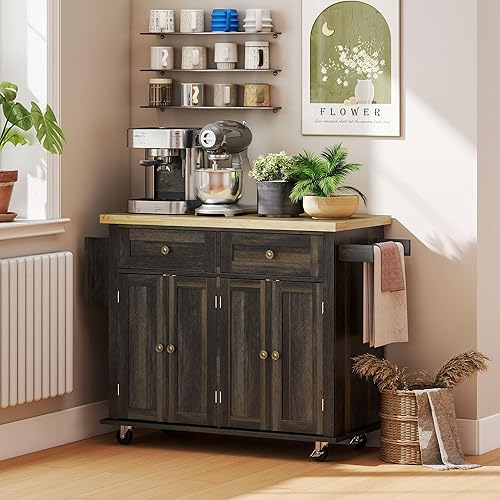 Miniatura 8 de HOMCOM Carrito de isla de cocina con parte superior de madera de goma, mesa de isla de cocina con ruedas con cajones, estantes ajustables, estante