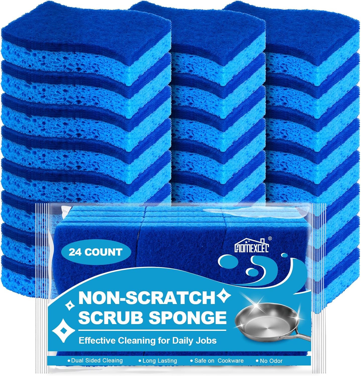 HOMEXCEL Sponges Kitchen 24pcs Non-Scratch for Dishes, Blue Scrub Cleaning Sponge for Non-Coated Cookware, Dishes, Pots, Pans, Dual Sided Dish Sponge for Kitchen, Household, Bathroom