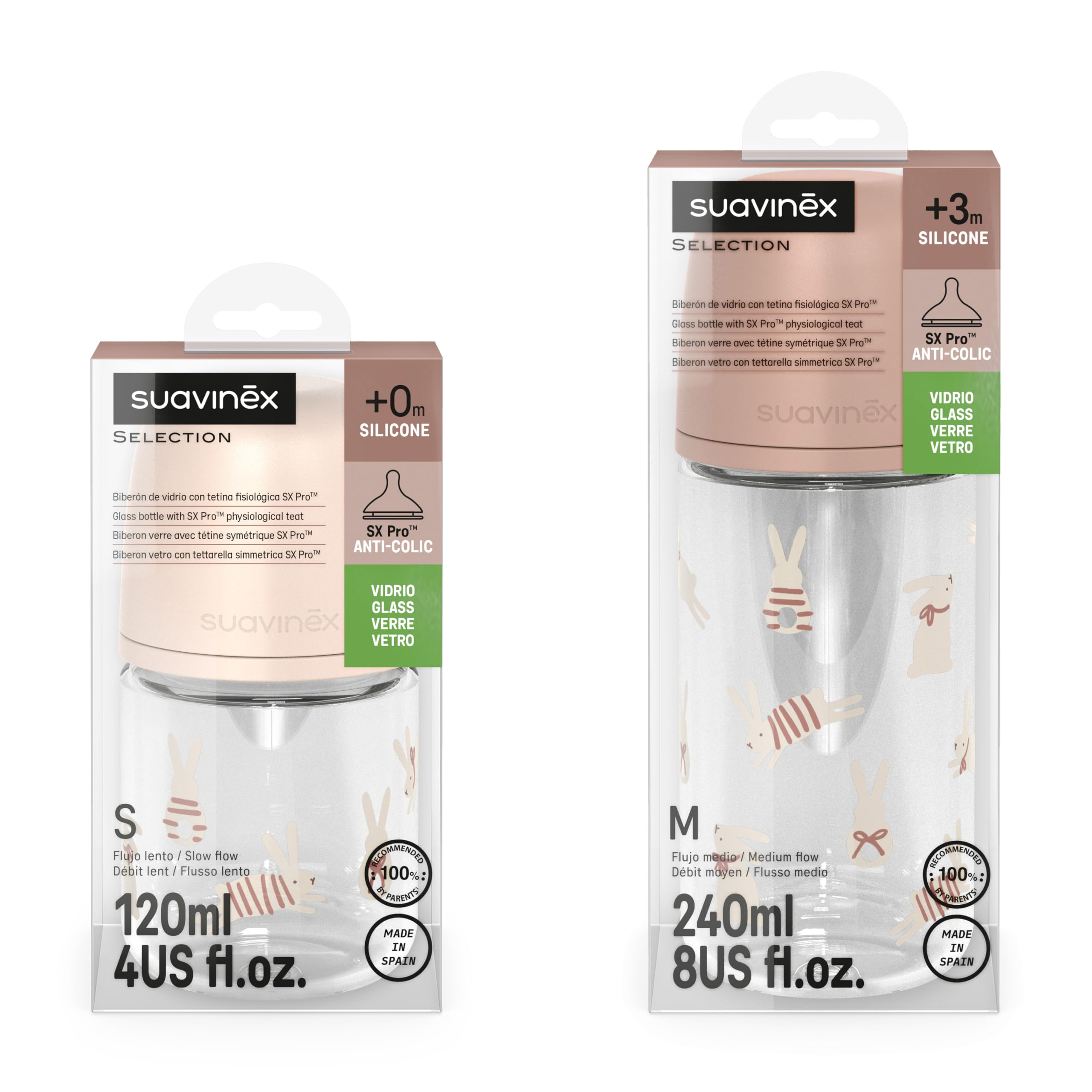 Suavinex, Confezione da 2 biberon in vetro, tettarella in silicone SX Pro con valvola anticoliche, biberon da 120 ml a flusso lento (S) + biberon da 240 ml a flusso medio (M), +0 mesi, Wonder Rosa