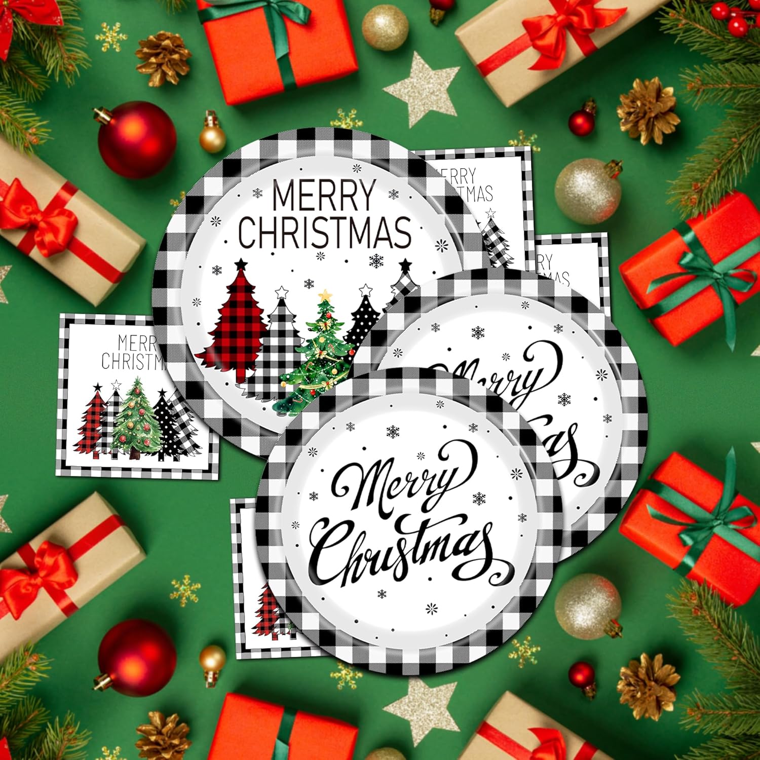 200 Pcs Christmas Paper Plates and Napkins Sets, Black Buffalo Plaid Christmas Tree Plates and Napkins, Disposable Holiday Plate and Napkin Sets for Xmas Party Supplies Dinner Winter Decorations