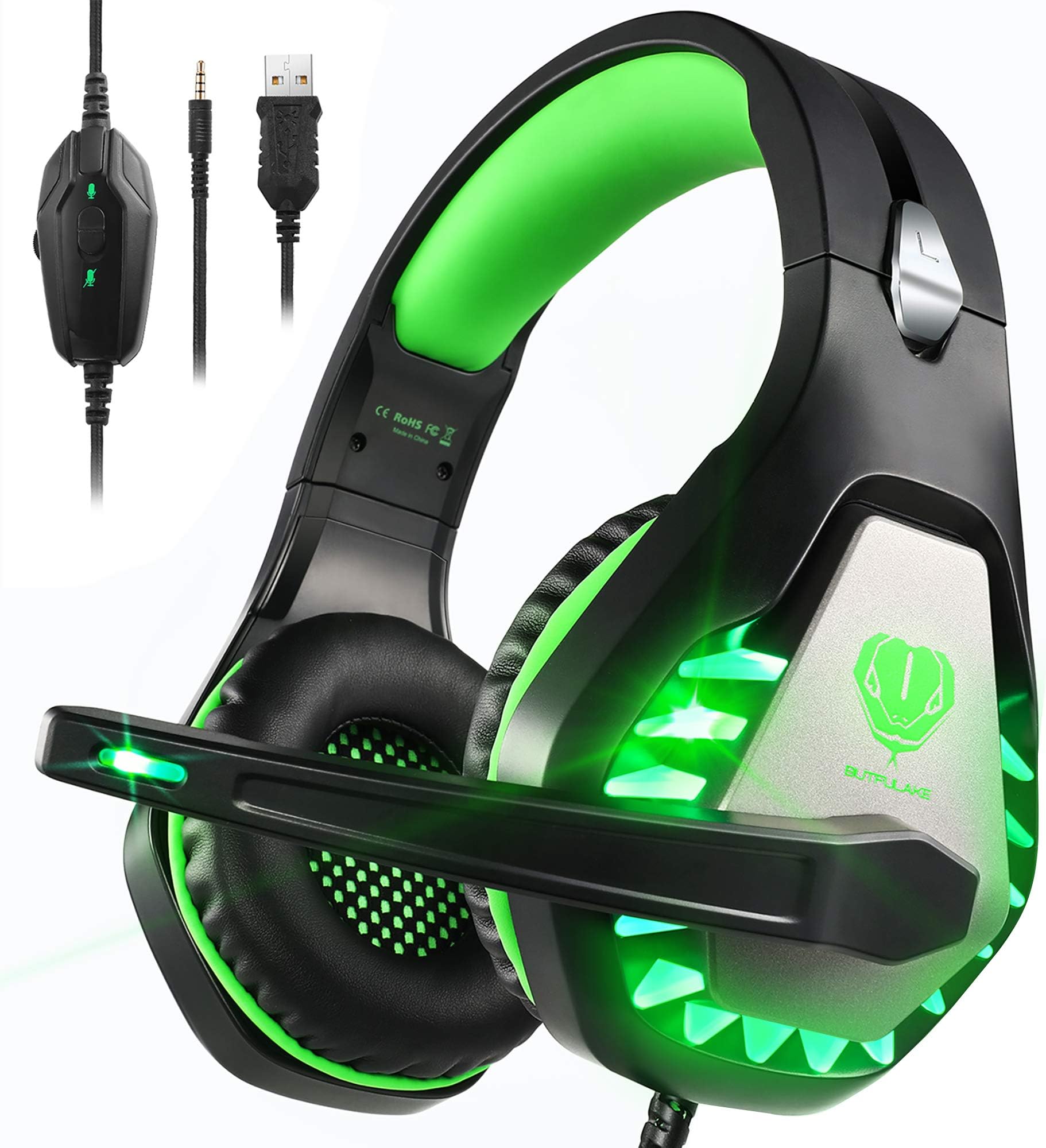 Gaming Headset with Microphone for Switch PC PS4 PS5 Xbox One Noise Cancelling Gaming Headphones with LED Lights for Kids Adults Black Green