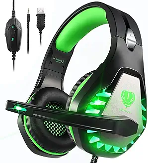 Pacrate Gaming Headset with Microphone – Noise Cancelling, LED Lights, Compatible with PC, PS4, PS5, Xbox Series X/S, Switch, Black/Green