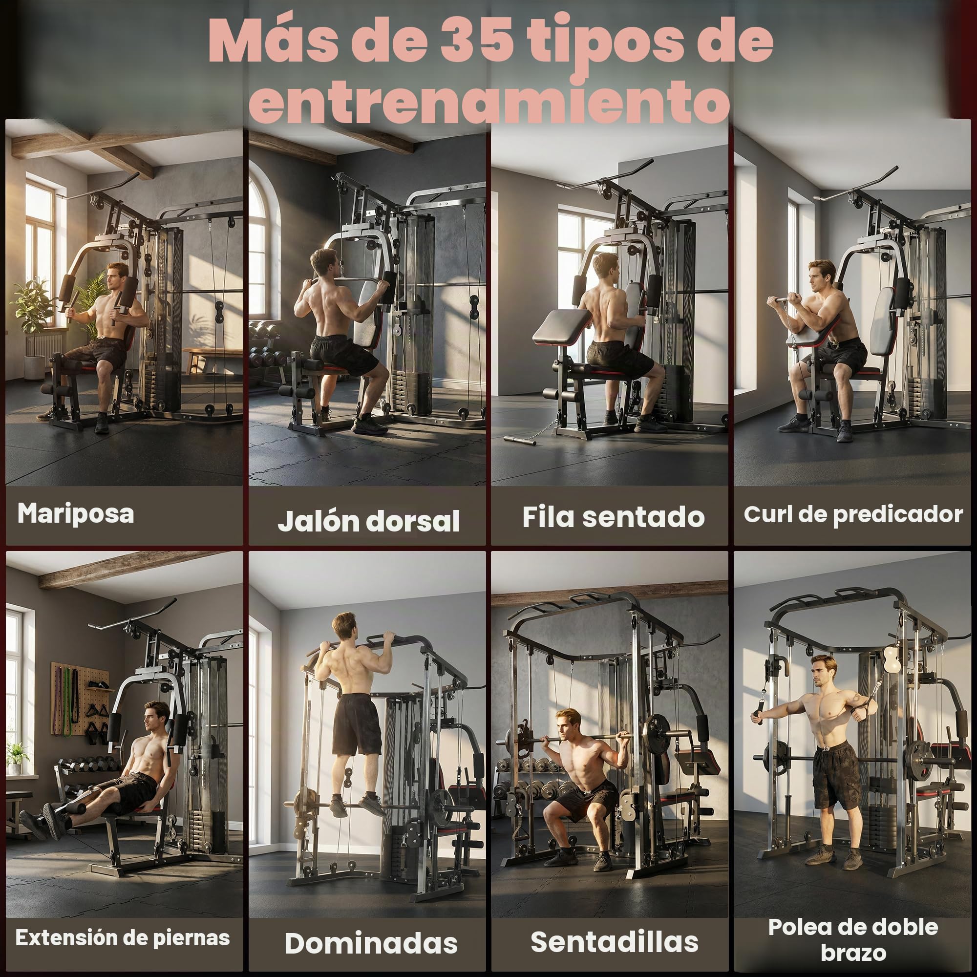 SPORTNOW Estación de Fuerza Estación de Fitness con 65 kg de Peso, Lat Pulldown, Barra Butterfly, Banco Preacher Ajustable, Entrenador de Piernas, Máquina Multifuncional Smith Multiestación hasta 120