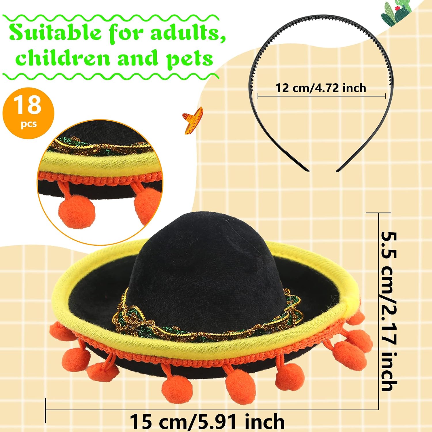 18 Pieces Mexican Sombrero Headbands Cinco De Mayo Hat Headhair Fiesta Headbands for Fun Fiesta Party Supplies Mexican Theme Decorations