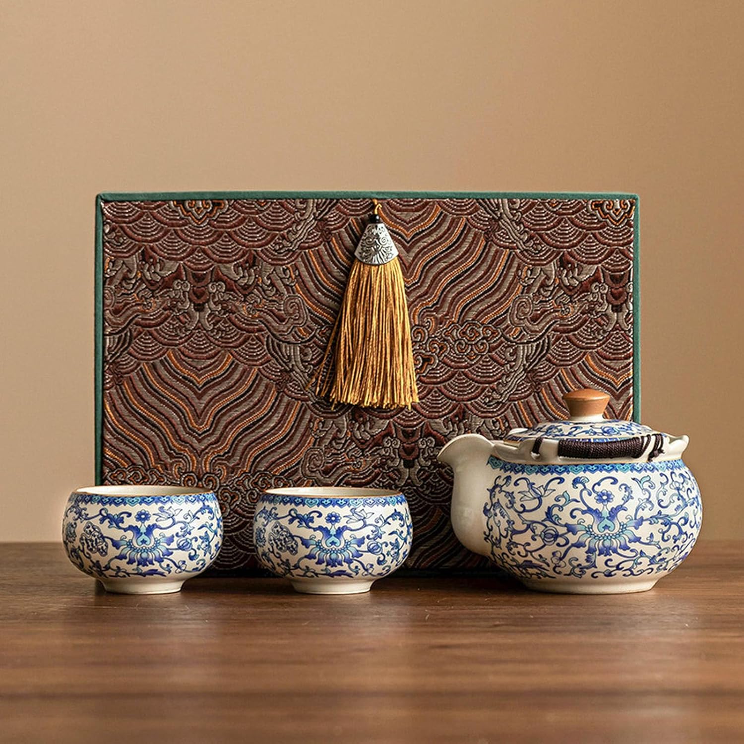 Ru kiln ceramic teapot tea maker, household blue and white entangled hand-held teapot - one pot and two cups [ box] -80ml-258ml