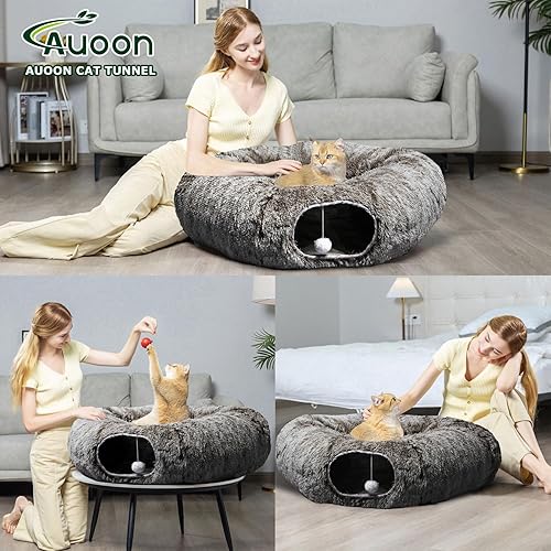 Vista 59 de AUOON Cama de túnel para gatos con alfombrilla central, juguetes de tubo grande, material de felpa suave, forma de luna llena para gatitos, gatos