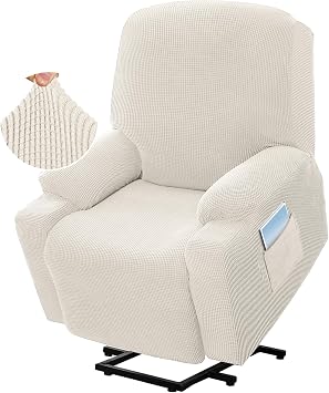 Stretchable Recliner Chair Cover for Power Lift Recliners Fitted Couch Cover with Side Pockets, Soft Thick Jacquard Fabric Fits Standard/Large Electric Lift Reclining Sofas Ivory
