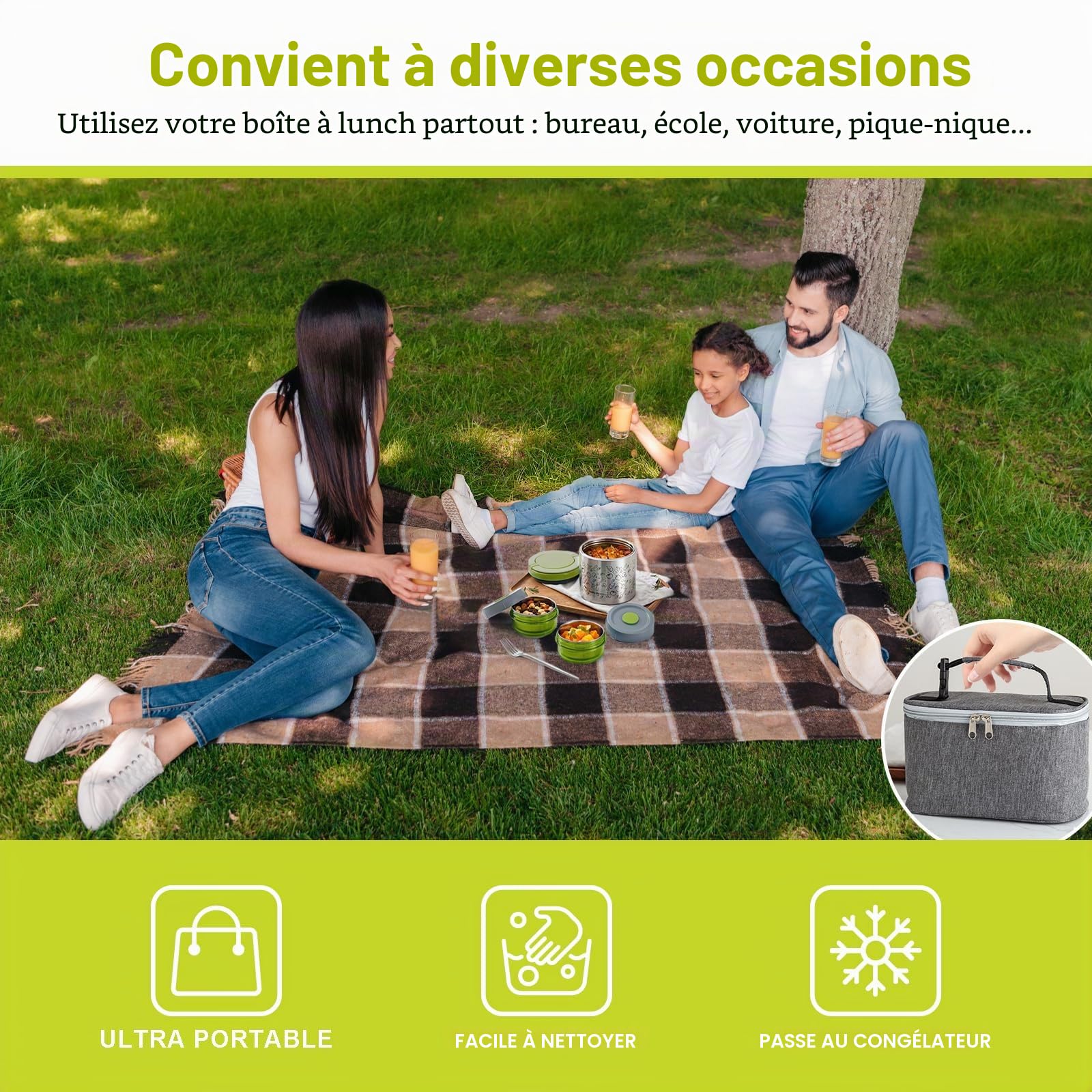 Lille Home Lunch Box Set 1065ml, Boîte à Bento/Snack Isotherme sous Vide pour Garder Les Aliments Au Chaud, avec 2 Récipients Alimentaires, Sac à Lunch, Ensemble de Couverts (Vert)