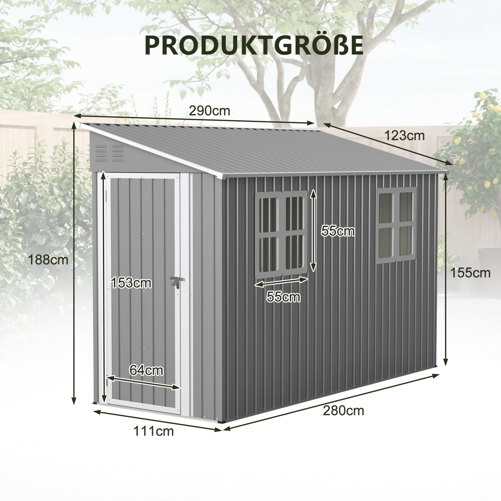 Stabiles Metall Gartenhaus – 1,2x3 m Geräteschuppen mit Stahlrahmen, wetterfest & sicher, Grau (Grey, 291x110.8x188.6 cm)