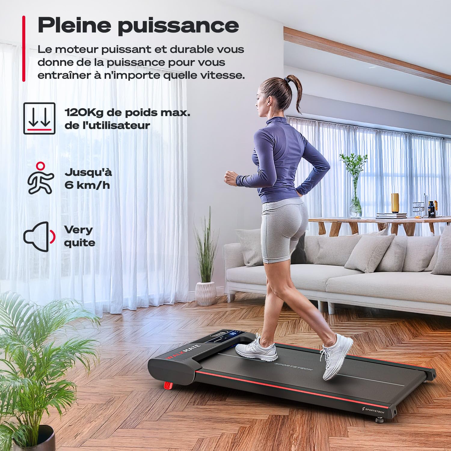 Sportstech Walking Pad Jusqu’à 6 km/h – Inclinaison Manuelle Jusqu’à 5 %, télécommande et Commande Via appli, écran LCD, podomètre, léger et Compact, roulettes de Transport, WalkMate Jusqu’à 120 kg