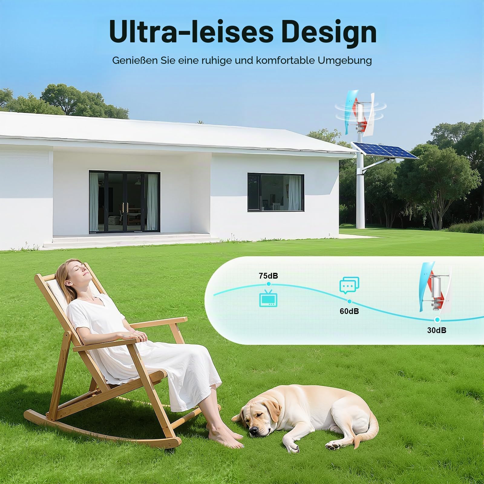 OUKANING Windkraftanlage Vertical Axis 12V Windrad mit 3 Farbigen Rotorblättern, Leise und Vibrationsarm, Niedrige Startwindgeschwindigkeit 1.3m/s, IP67 Schutz für Garten, Boot, Wohnmobil