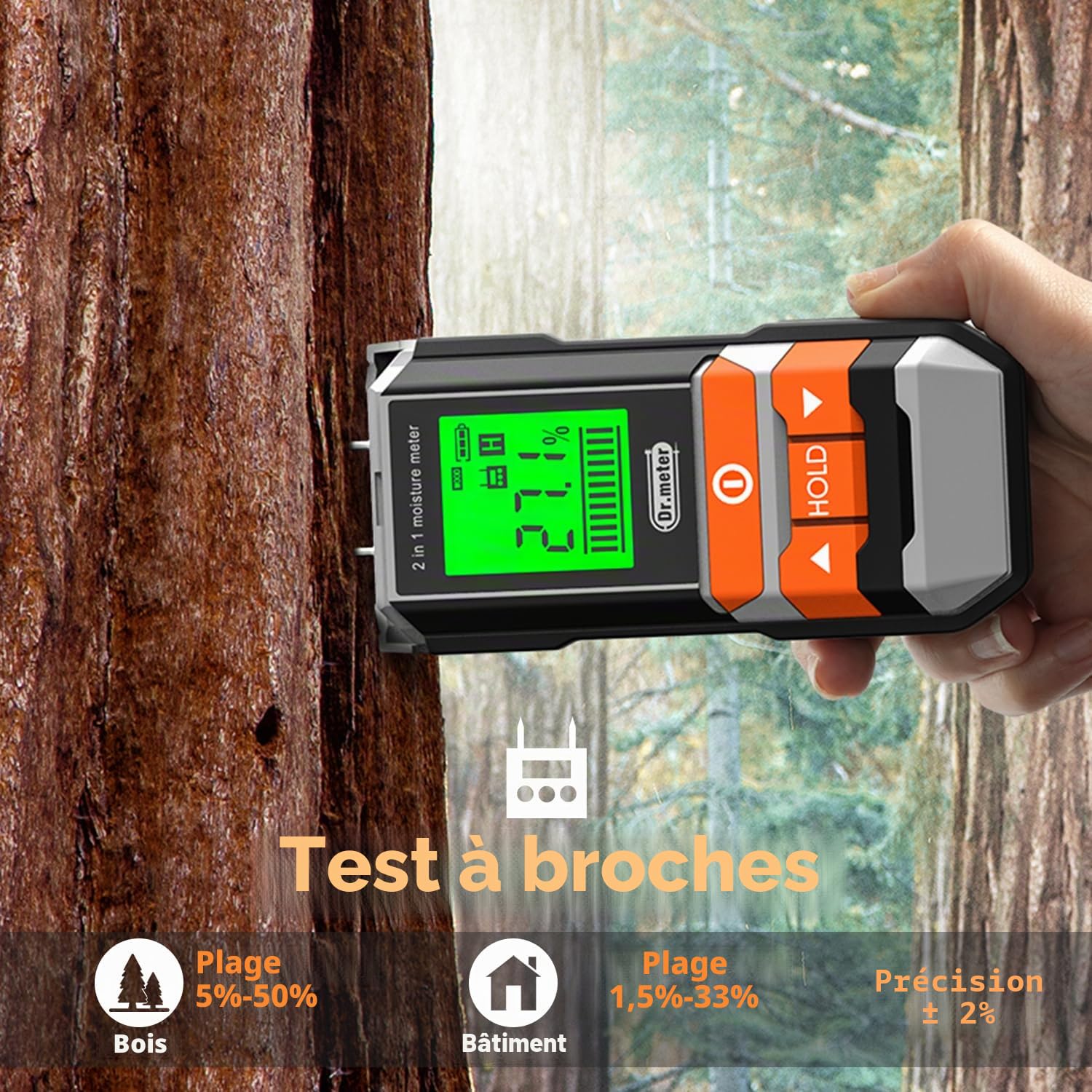 Dr.meter Testeur Humidité, 2 in 1 Testeur Humidité Bois Avec ou sans épingle Testeur Humidité Mur Testeur de L'humidité du Bois et des Matériaux de Construction Ecran LCD Rétroéclairé