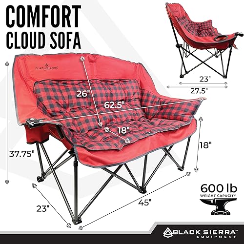 Miniatura 2 de Black Sierra - Sofá de campamento acolchado de felpa de gran tamaño, sofá biplaza portátil para exteriores soporta 500 libras, sofá plegable XL con