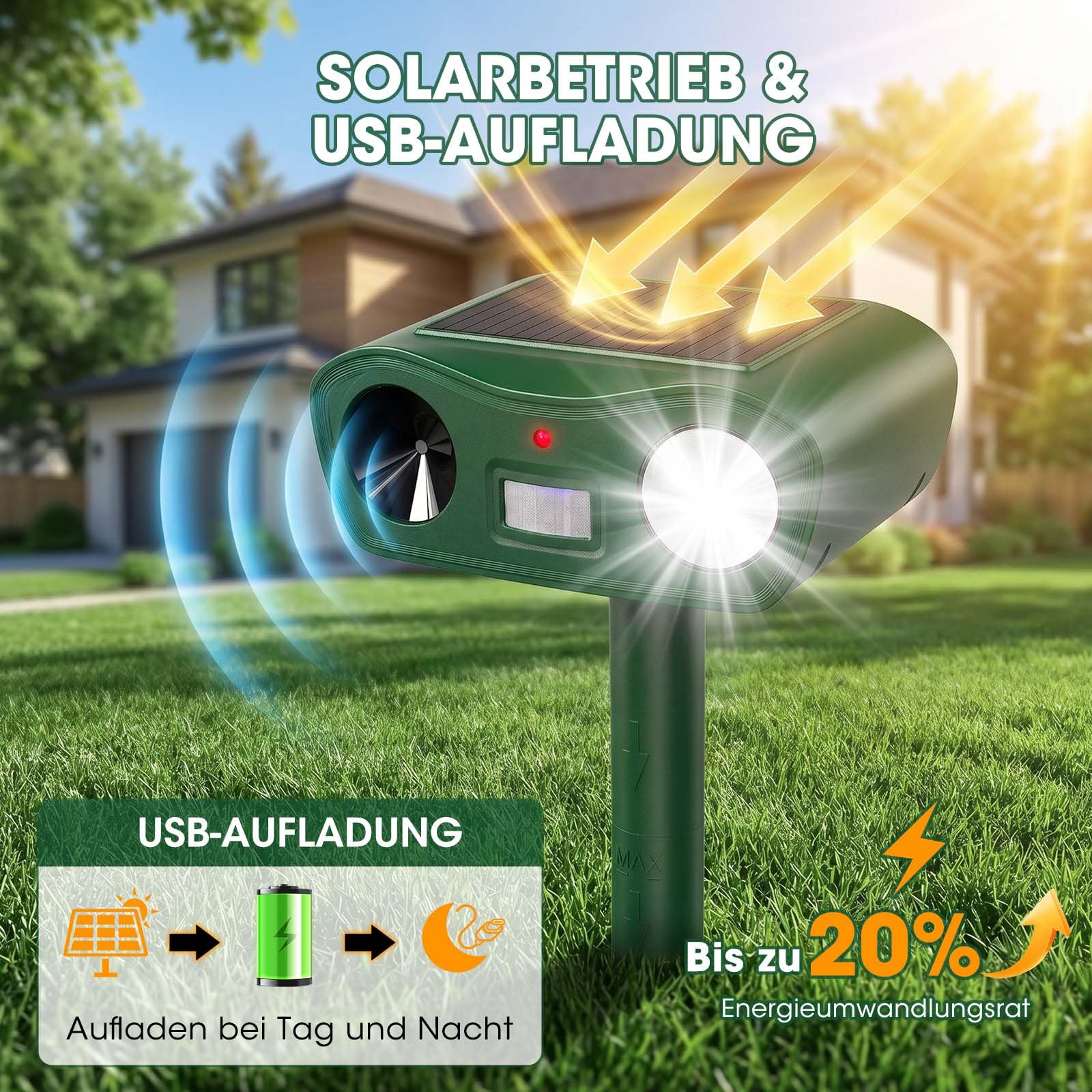 Katzenschreck Ultraschall, Solar Tiervertreiber und Blitz, Maulwurf vertreiber, Katzenabwehr für Garten, Wirksam Gegen Katzen, Hunde, Marder, und Vögel Schädlineg, 4-teiliges Set