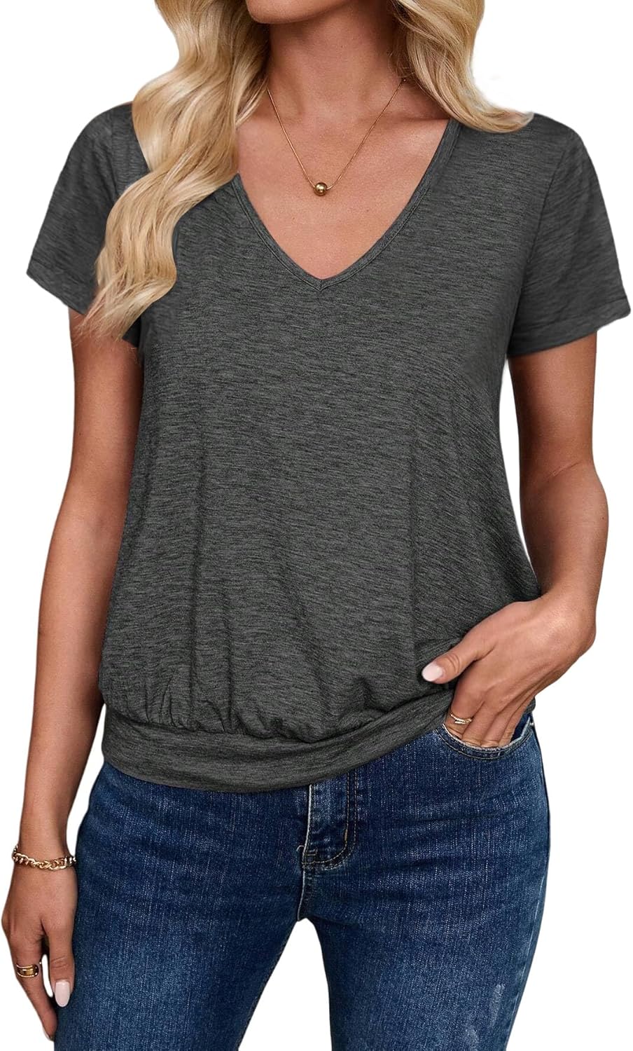 Short Sleeve Women T Shirts V Neck Tops Fashion Banded Bottom Tops Summer Spring Outfits Beach Vacation Clothes 2026