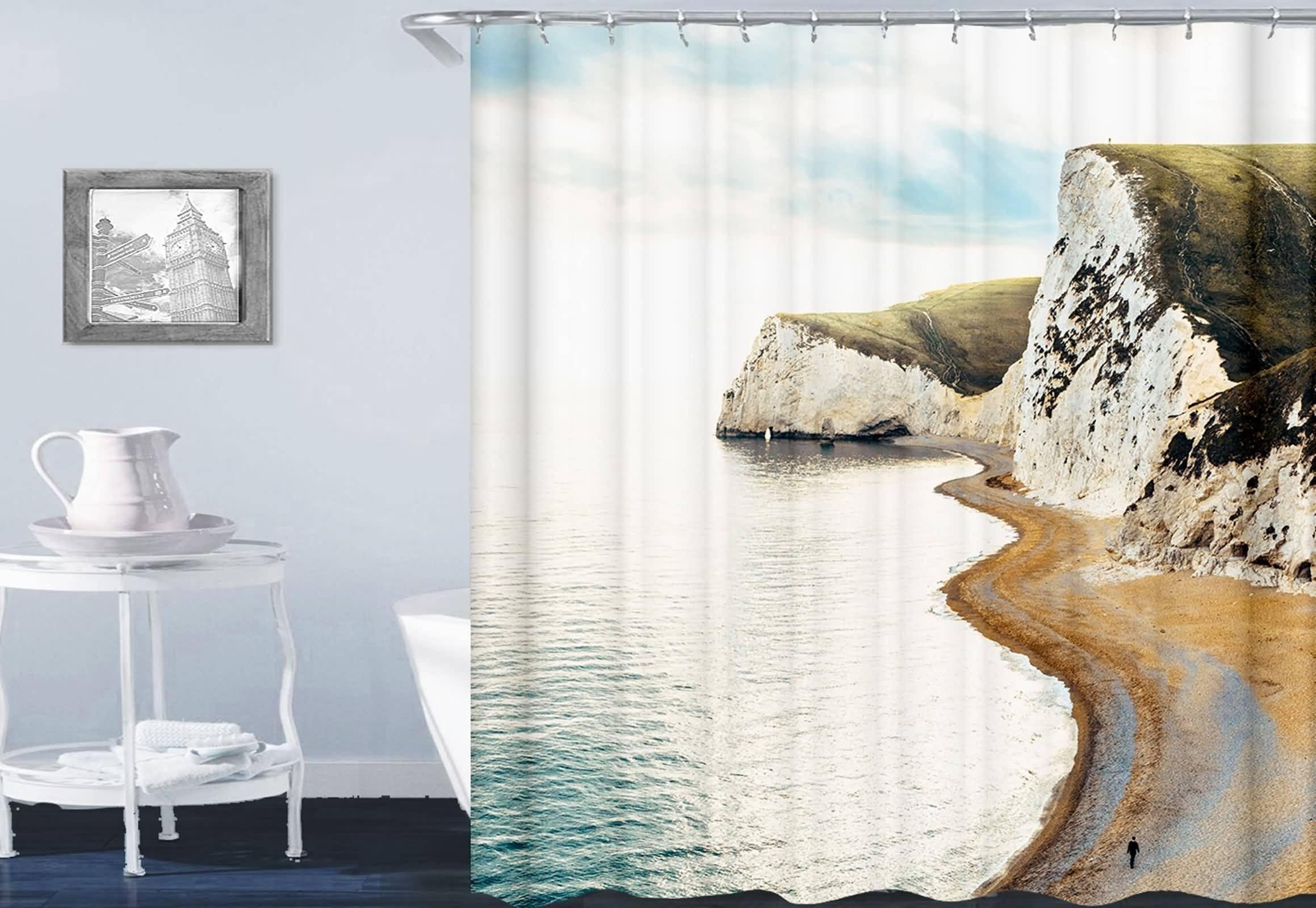 Tenda Doccia 150cm, Poliestere Multicolore Mare e Pietra Tenda vasca da bagno, lavabile, asciugatrice rapida, 150x200cm