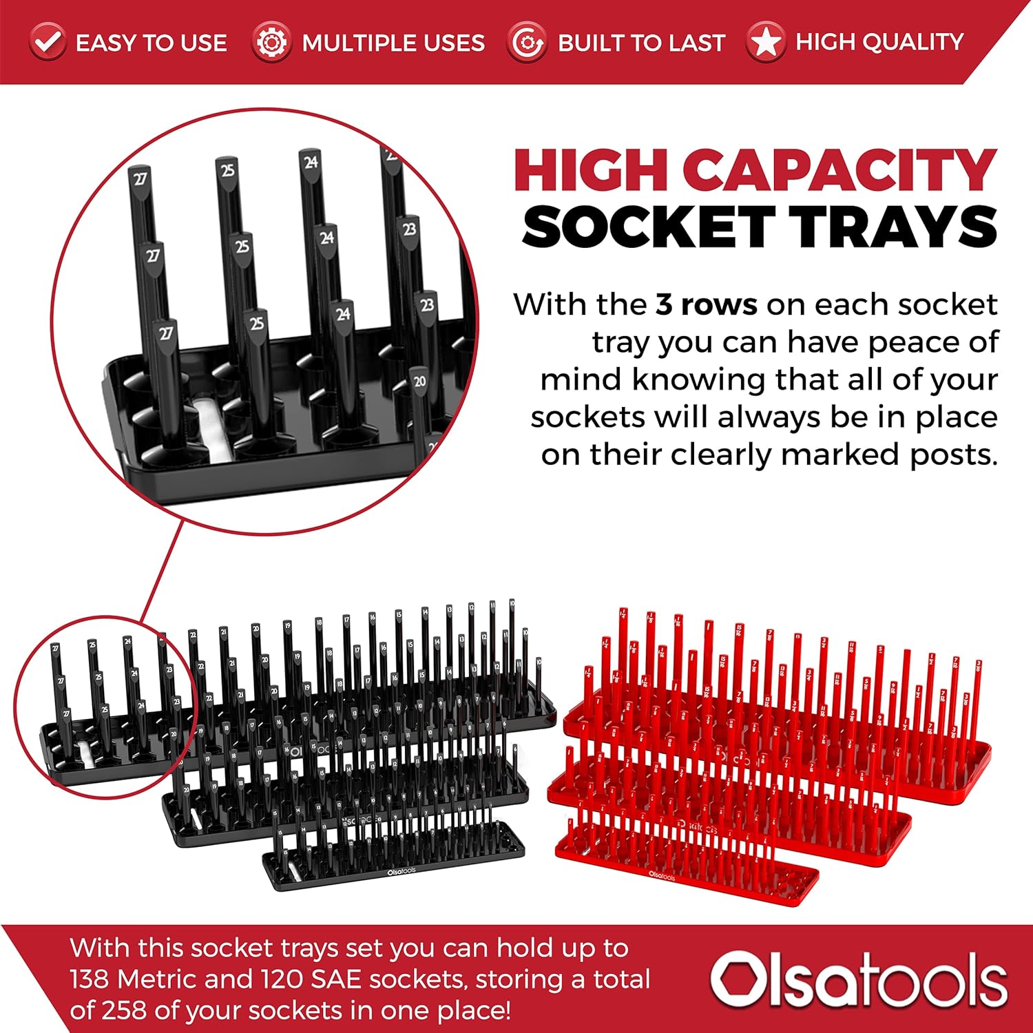 Buy 2 get 3 Olsa Tools Socket Organizer Trays | 6 PC 3 Row Trays SAE & Metric Socket Holder | 1/4, 3/8, 1/2-Inch Drive | Tool Box Organizer | Storage Deep and Shallow Sockets for Toolboxes | Professional Grade