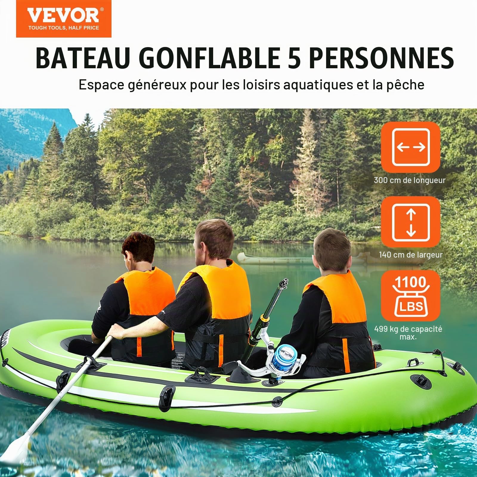 VEVOR Bateau Gonflable,Bateau de Pêche Pneumatique pour 2-5 Personnes,Kayak en PVC Solide,avec Rames en Aluminium de 116 cm,Pompe à Haut Rendement,Capacité de Charge 226,8-499 kg pour Adultes Enfants