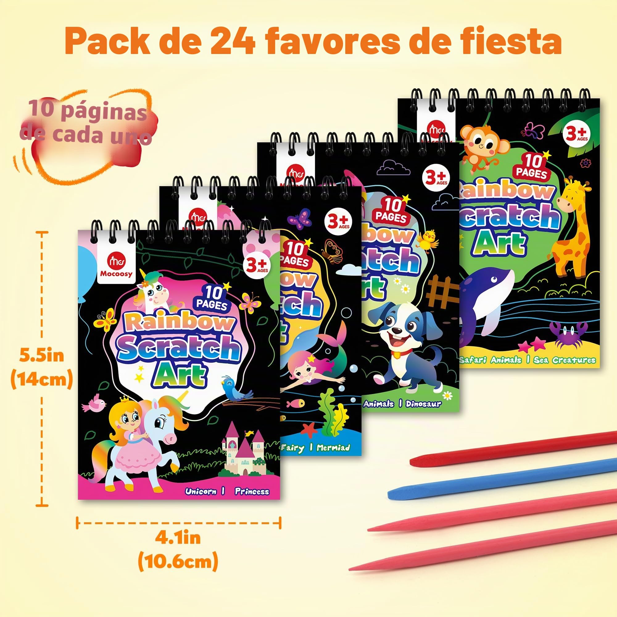 Mocoocy 24 Libros Scratch Art Favores de fiesta para Niños, Regalos Fiesta,Mágicos Cuadernos Rascar,Drawing Juego, juguetes de viaje,Rainbow Magic Scratch Papel Regalos Cumpleaños para Niños 3-12 años
