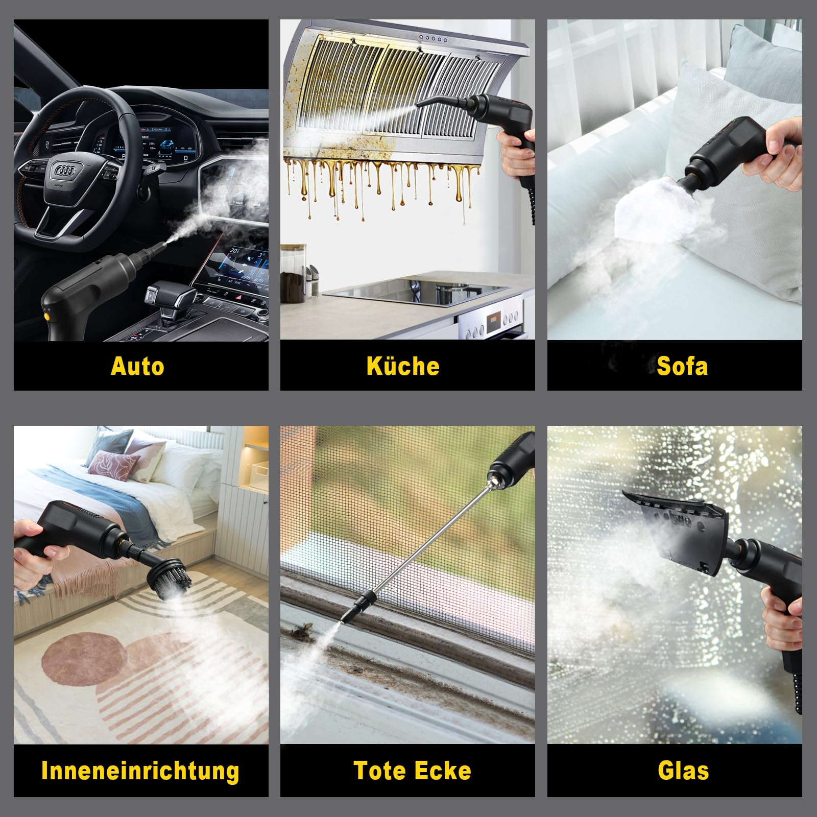 Handdampfreiniger mit 1600ML Wassertank Griff dreistufige Einstellung Hochdruck Klein Tragbarer Dampfreiniger mit 9 Zubehörteilen für Fenster, Küche, Boden, Alles