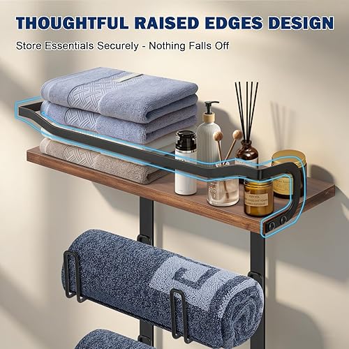 Miniatura 3 de NearMoon Toallero con estante de madera, soporte organizador de toallas de metal inoxidable para almacenamiento de baño, montado en la pared (1