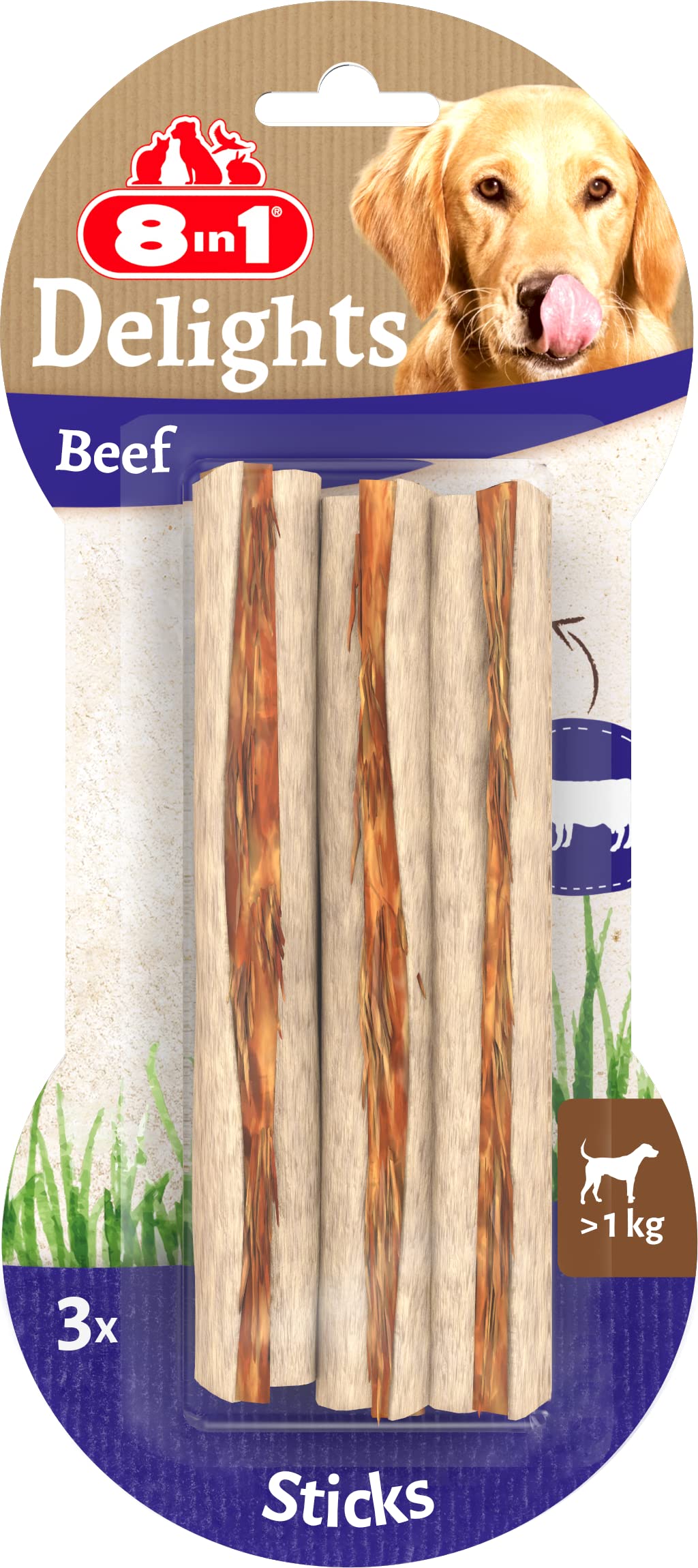8in1 Delights Beef Sticks - gesunde Kaustangen für sensible Hunde, hochwertiges Rindfleisch eingewickelt in Rinderhaut, 3 Stück