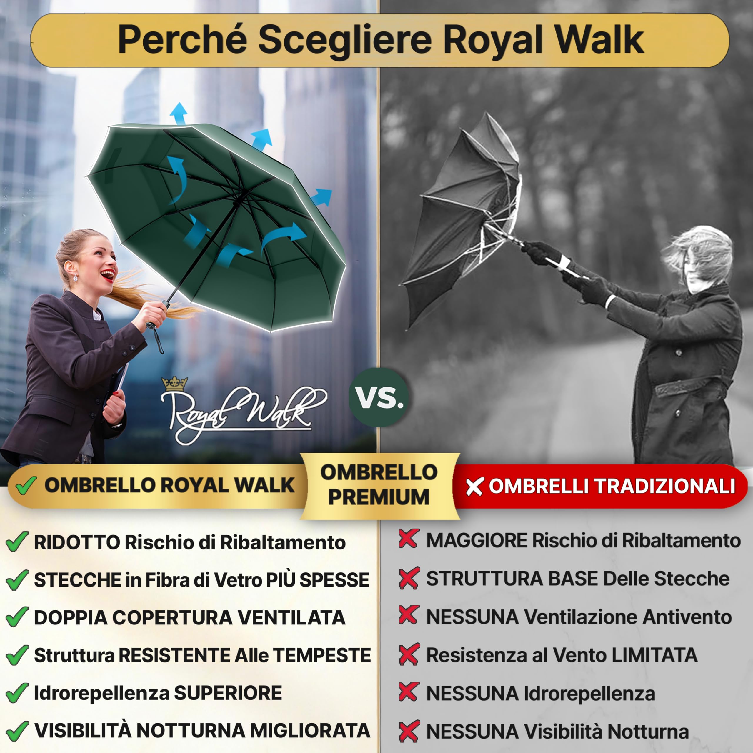 Royal Walk Ombrello da viaggio pieghevole antivento, compatto e resistente, con manico in vero legno, apertura automatica, chiusura automatica, doppia tettoia per uomini e donne, Verde scuro, L,