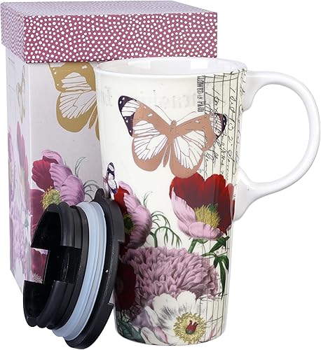Topadorn Taza de café de cerámica de 17 onzas con tapa y caja de regalo para viaje, Flor Roja y Mariposa