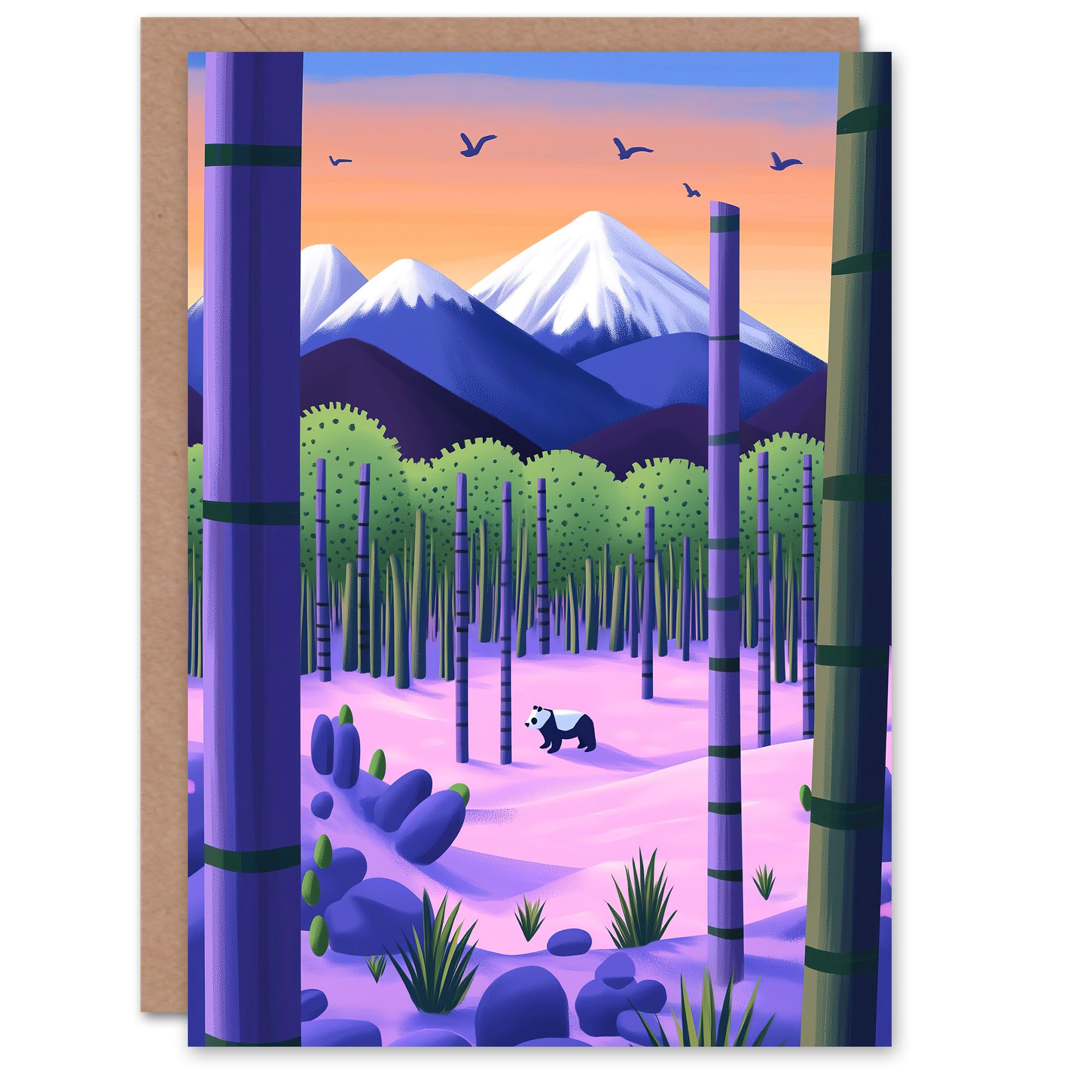 Artery8 Greeting Card Panda Bear Bamboo Forest Japan Mountain Landscape Blank For Him Or Her Art Birthday Card