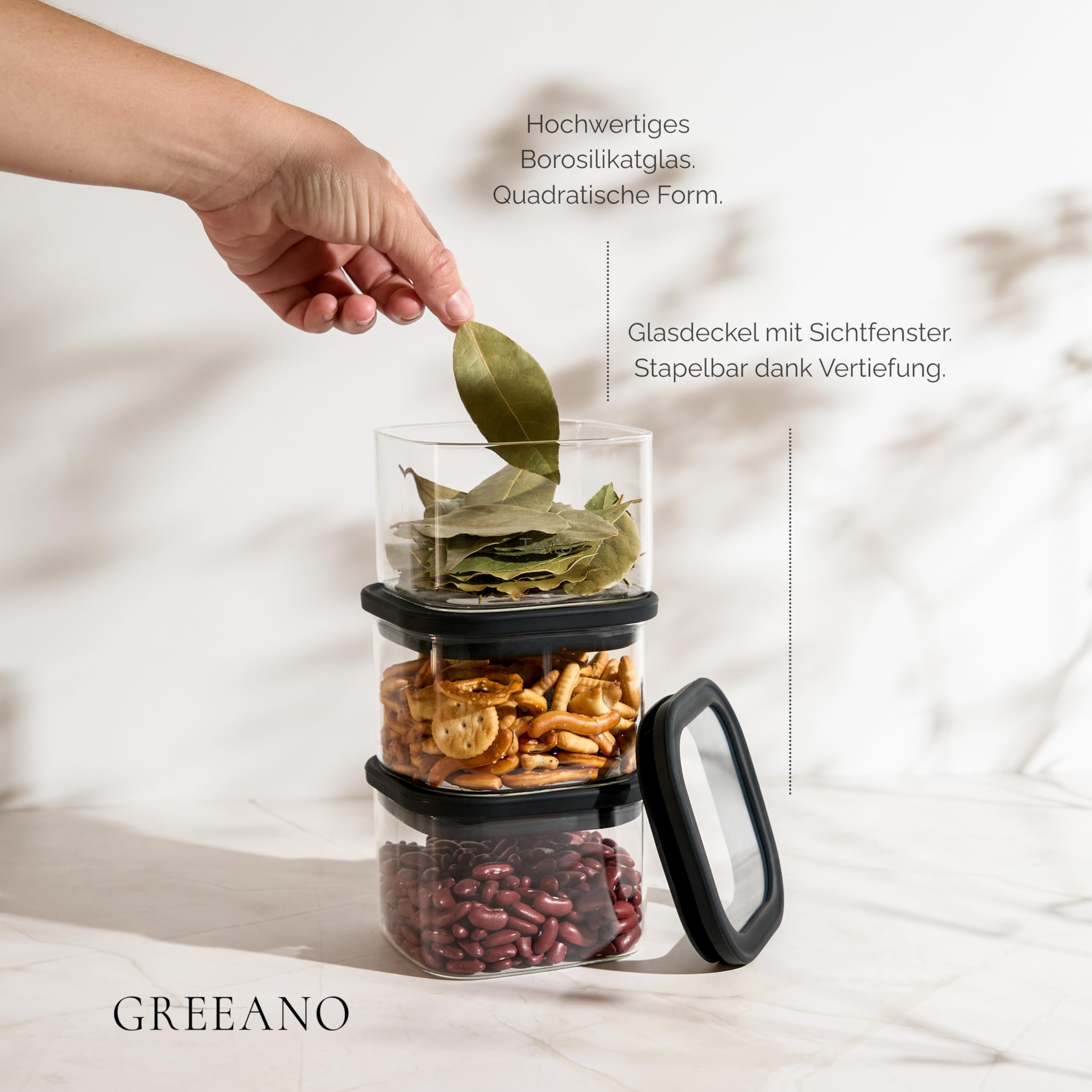 Barattoli rettangolari con coperchio in vetro, 400 ml, set da 6 pezzi, ermetici e antitarme, per alimenti, pasta, farina, cereali, caffè