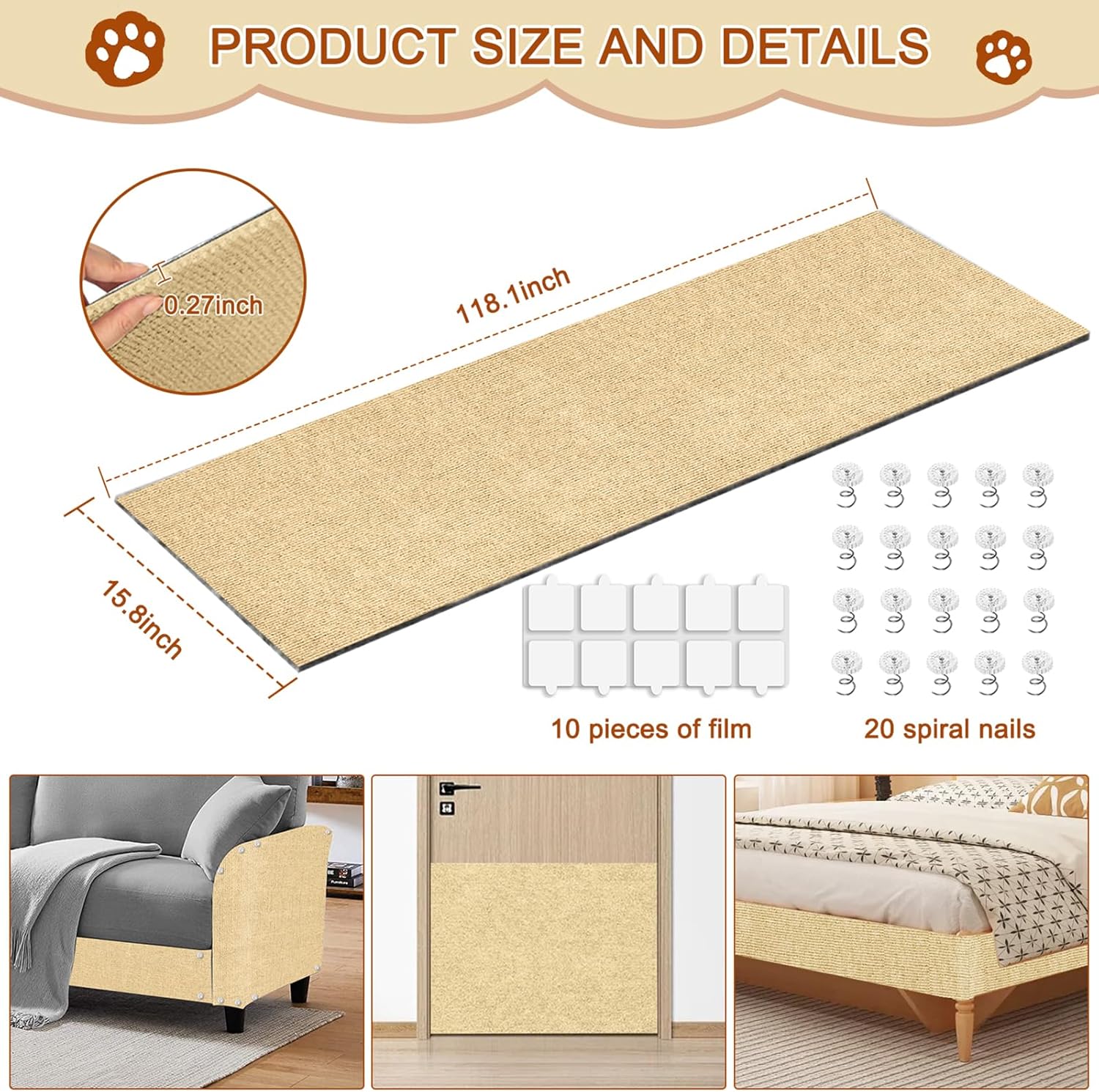 Cat Scratch Mat,118.5"x15.9" Trimmable Self-Adhesive Cats Scratch Carpet,Couch Protector from Cats Claw, Cat Scratch Furniture Protector, Indoor Furniture Protection for Chair, Wall, Sofa (Beige)