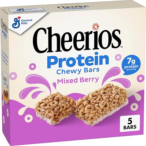 Cheerios Protein Chewy Bars, Mixed Berry, 7g Protein, 5 ct, 6.35 oz | Mixed Berry Flavor with Cheerios Pieces, Individually Wrapped, 140 Calories, Portable