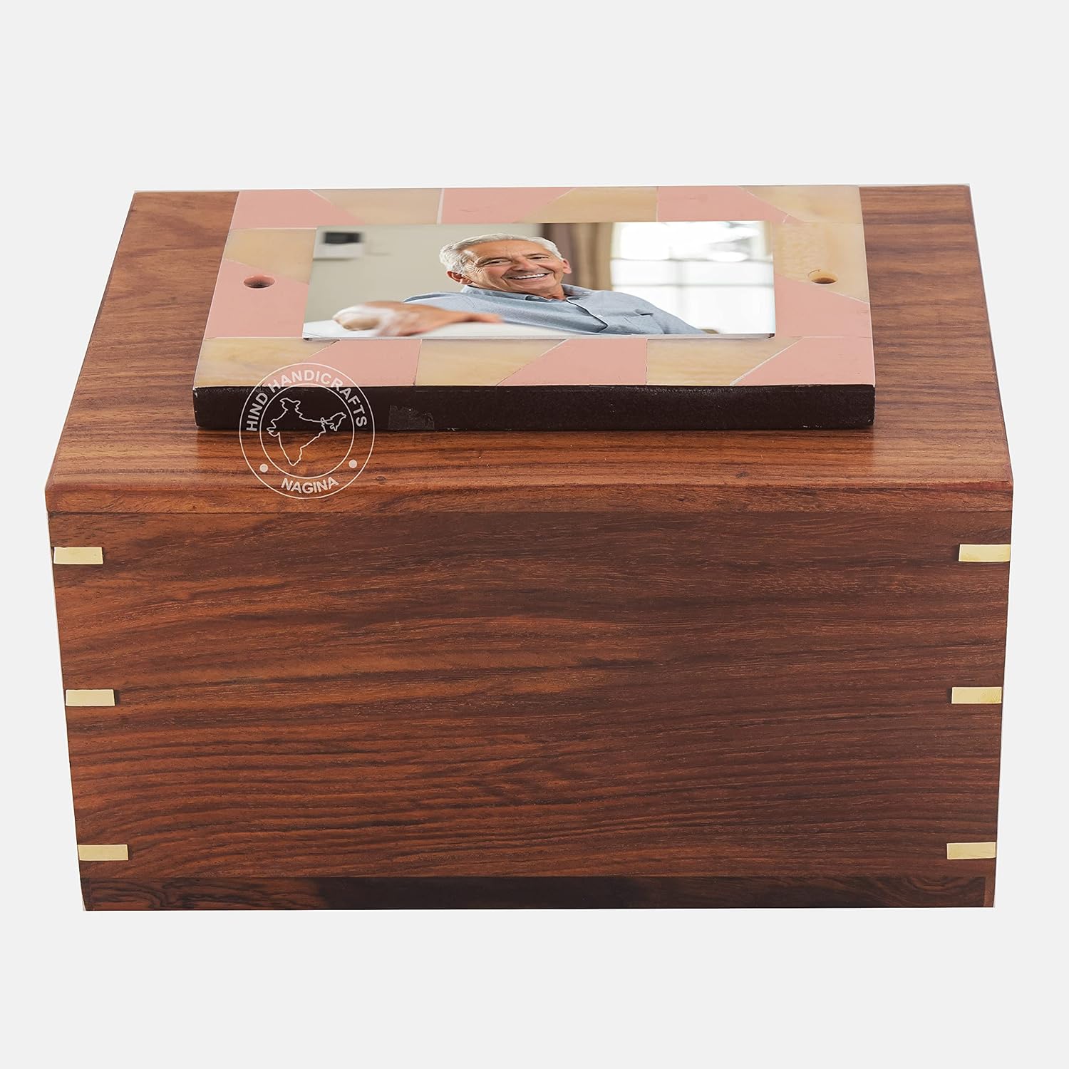 Rosewood Brass Inlaid Wooden Cremation Urns for Human Ashes Adult - Handcrafted Photo Funeral Memorial Ashes Urn - Large Columbarium (Horn Bone Frame-4, 250 Cubic Inches)