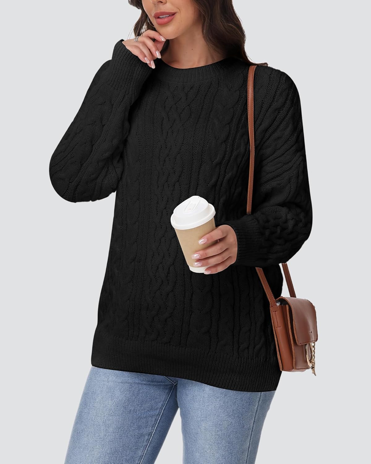 Women Oversized Sweater Crewneck Cable Knit Pullover Sweater Top Long Sleeve Fall Winter Loose Chunky Cozy Sweaters - Image 2