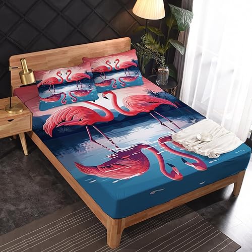 Miniatura 2 de zcsm Juego de sábanas de flamenco tamaño Queen, sábanas de microfibra suave con bolsillo profundo, sábanas y fundas de almohada estampadas sin