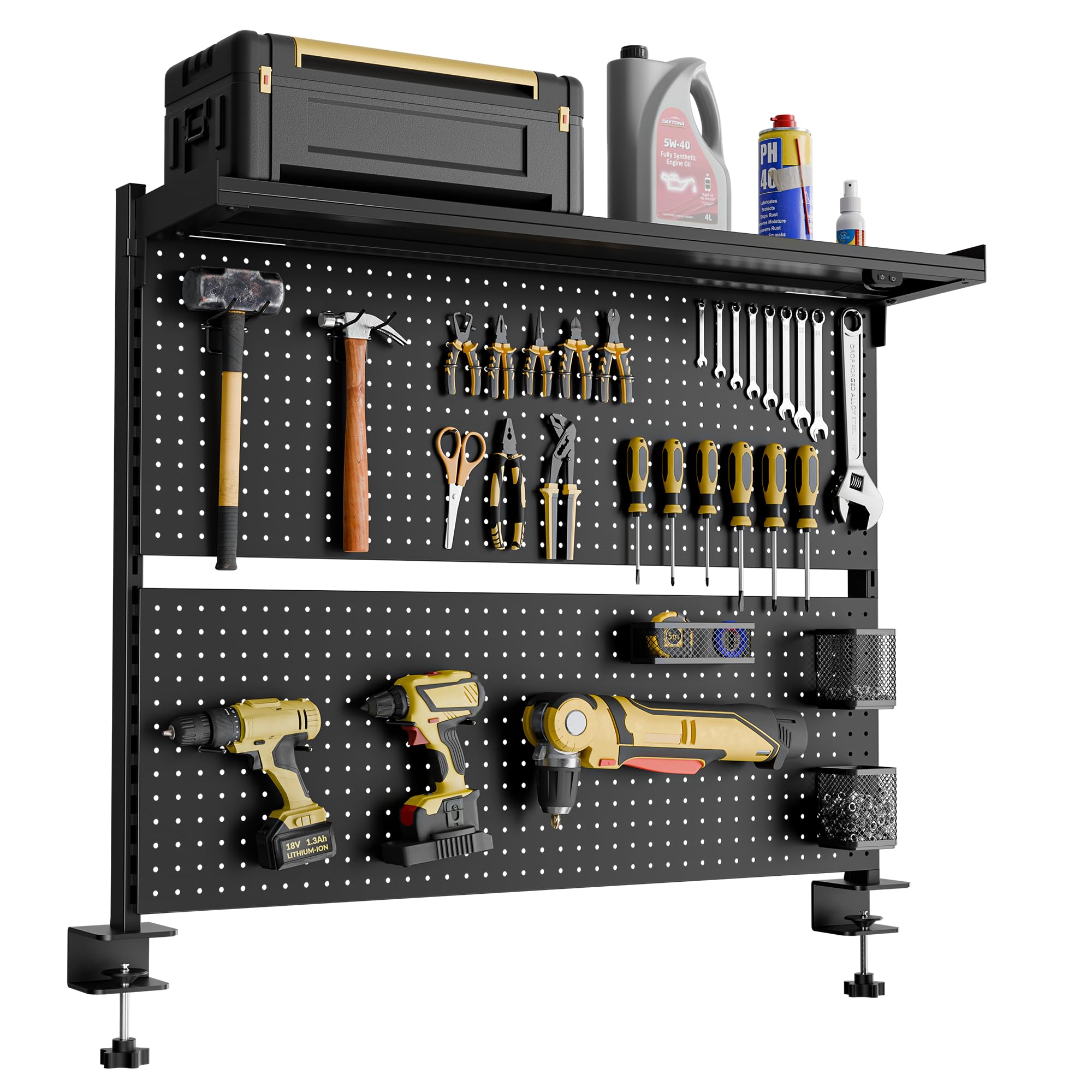 EUREKA ERGONOMIC LED Schreibtisch Stecktafel mit Dual Monitor Ständer 360° drehbar, Groß Pegboard Wand Organizer Gamer Computertisch Zubehör, Lochwand Lagerregal Büroregal Bürozubehör, schwarz
