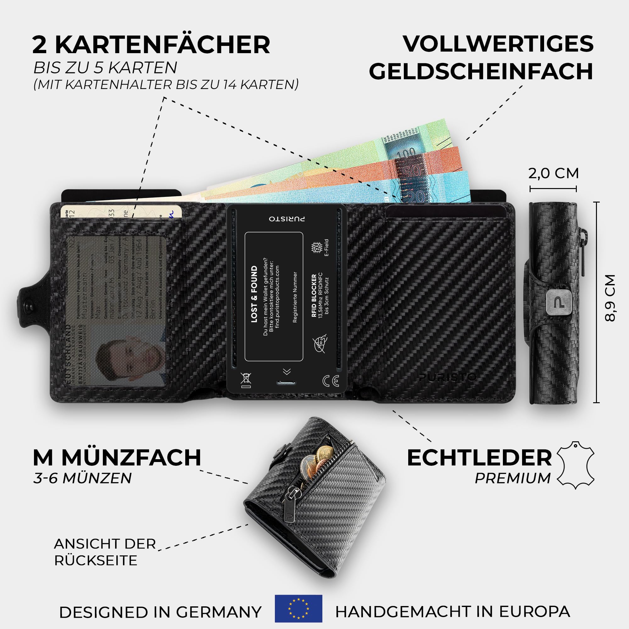 Bargeld-Tasche AirTag Erweiterung mit Münzfach für bestehendes KLIK Slim Wallet, Zusatz Austausch-Cover für Kartenhalter oder als Add-On mit RFID-Schutz