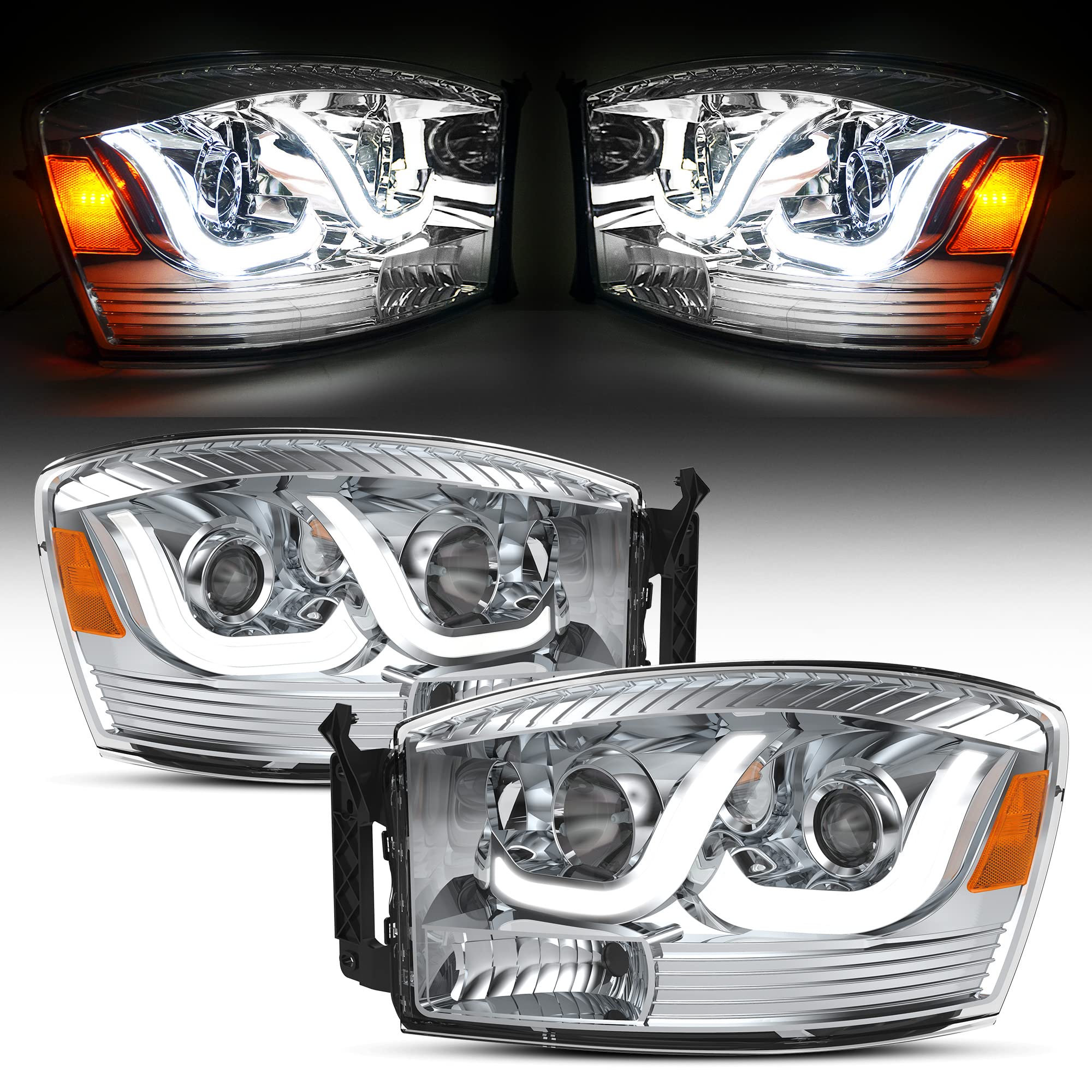 Photo 1 of oEdRo LED DRL Headlight Assembly Compatible with 2006-2008 Dodge Ram 1500/2006-2009 Dodge Ram 2500 3500 Projector Headlamp Replacement Chrome Housing Clear Lens Amber Reflector - Pair Set Chrome Housing LED DRL